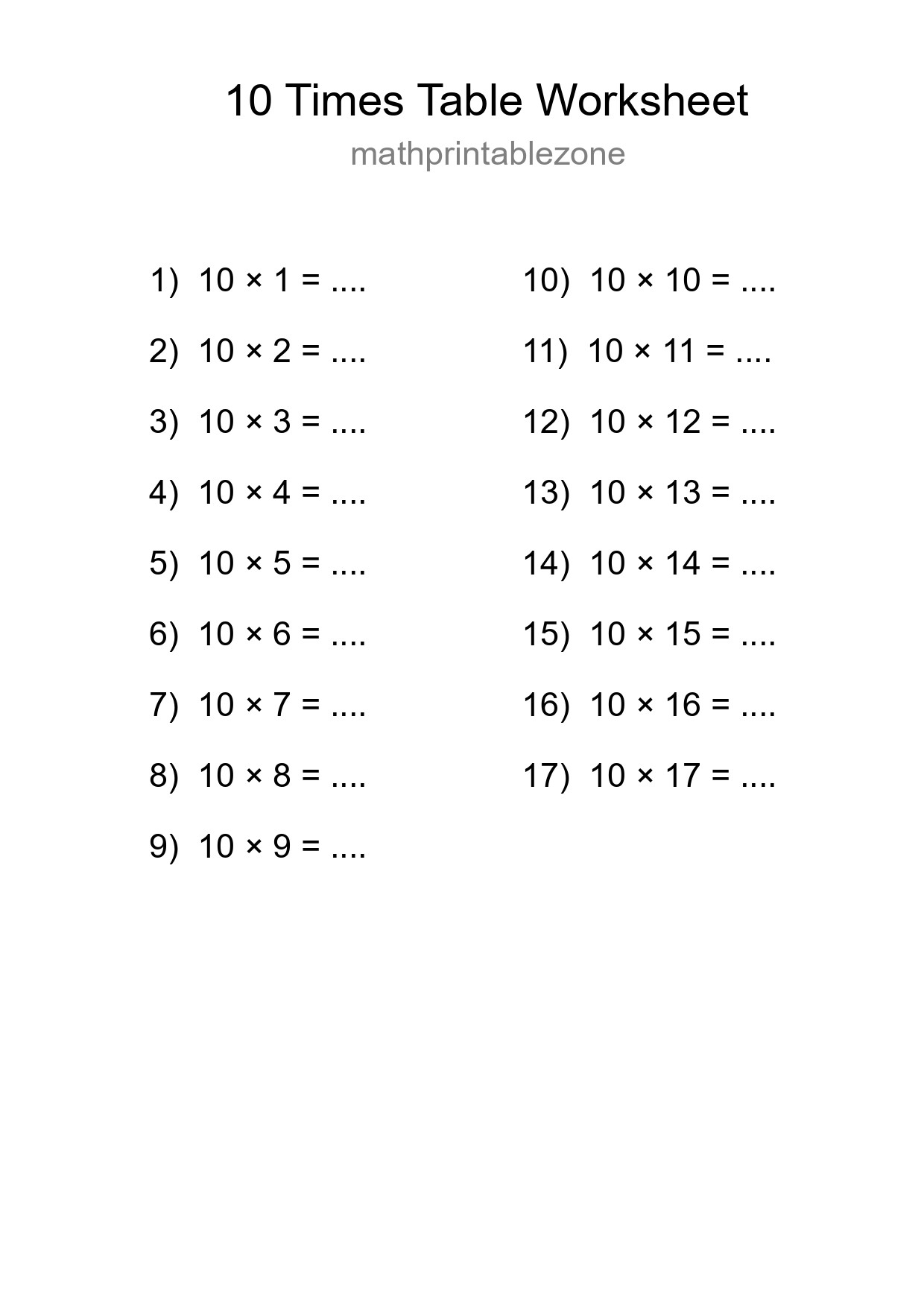 10 Times Table Worksheet For Grade 3 With Answers - Part 251
