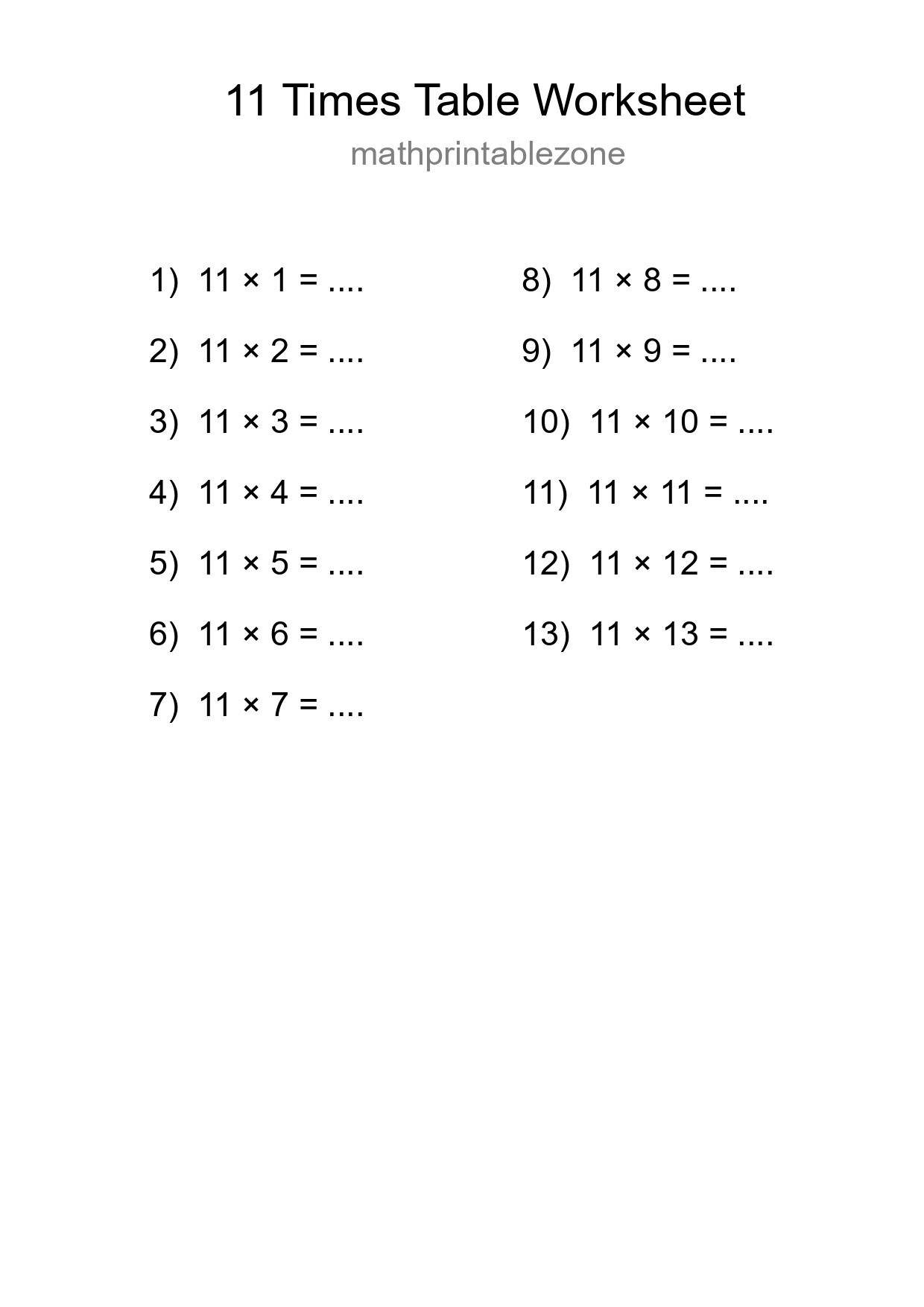 11 Times Table Worksheet For Grade 4 With Answers - Part 196