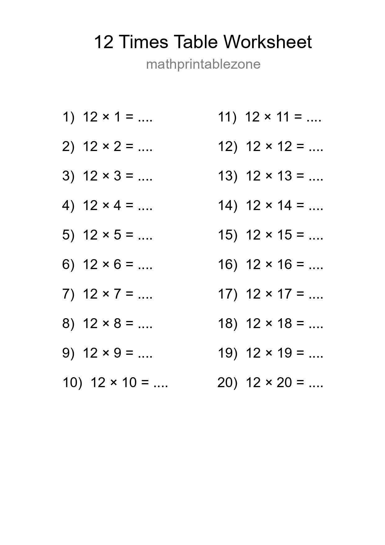 12 Times Table Worksheet For Grade 4 - Part 108