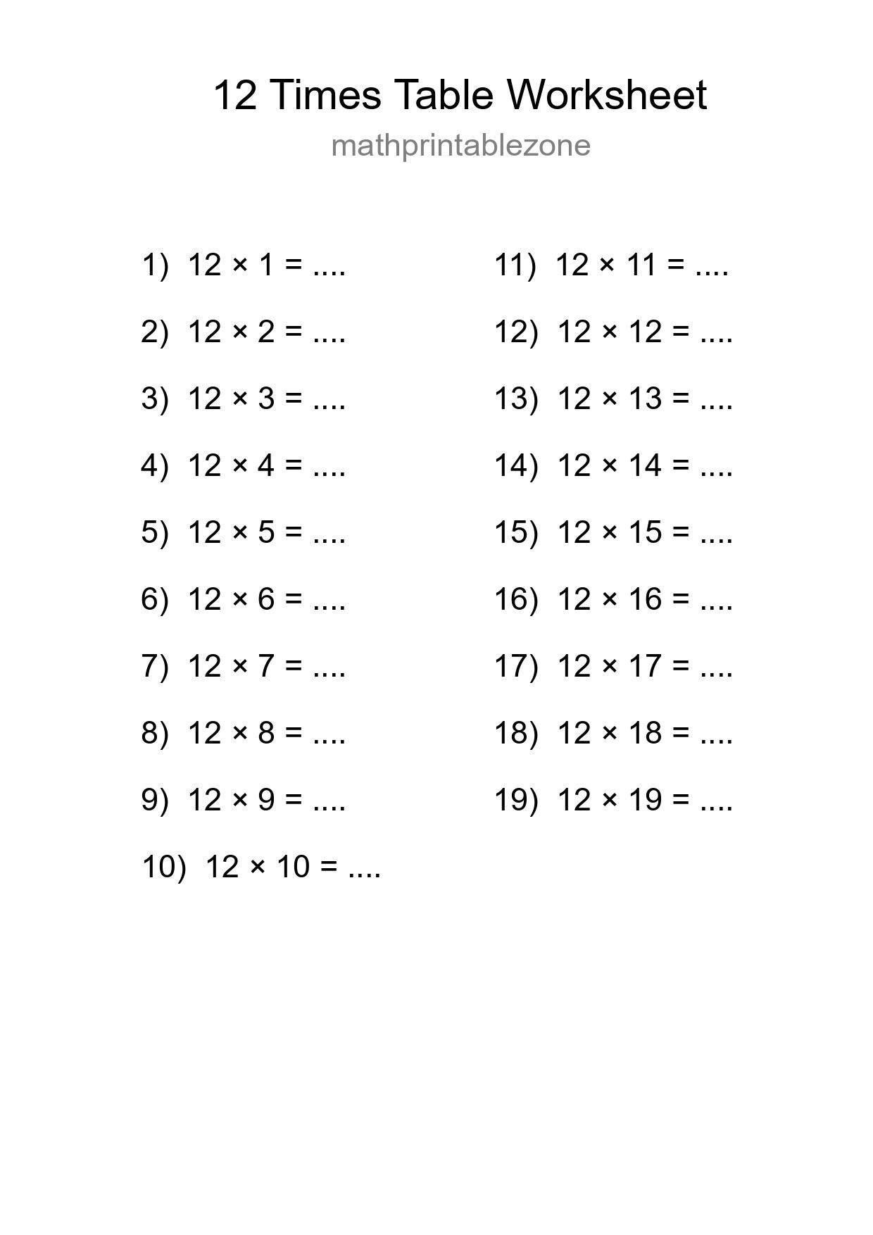 12 Times Table Worksheet For Grade 4 - Part 207