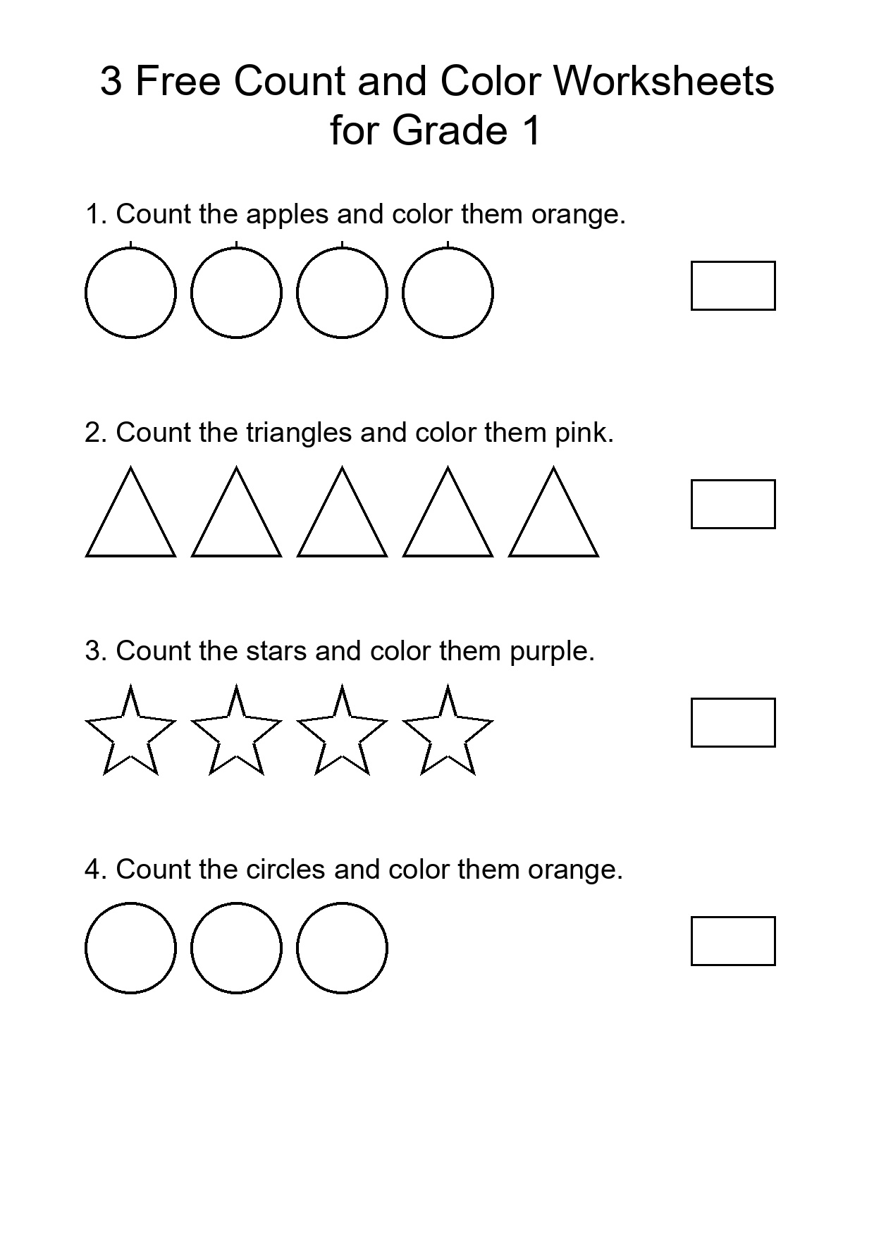 3 Free Count and Color Worksheets for Grade 1