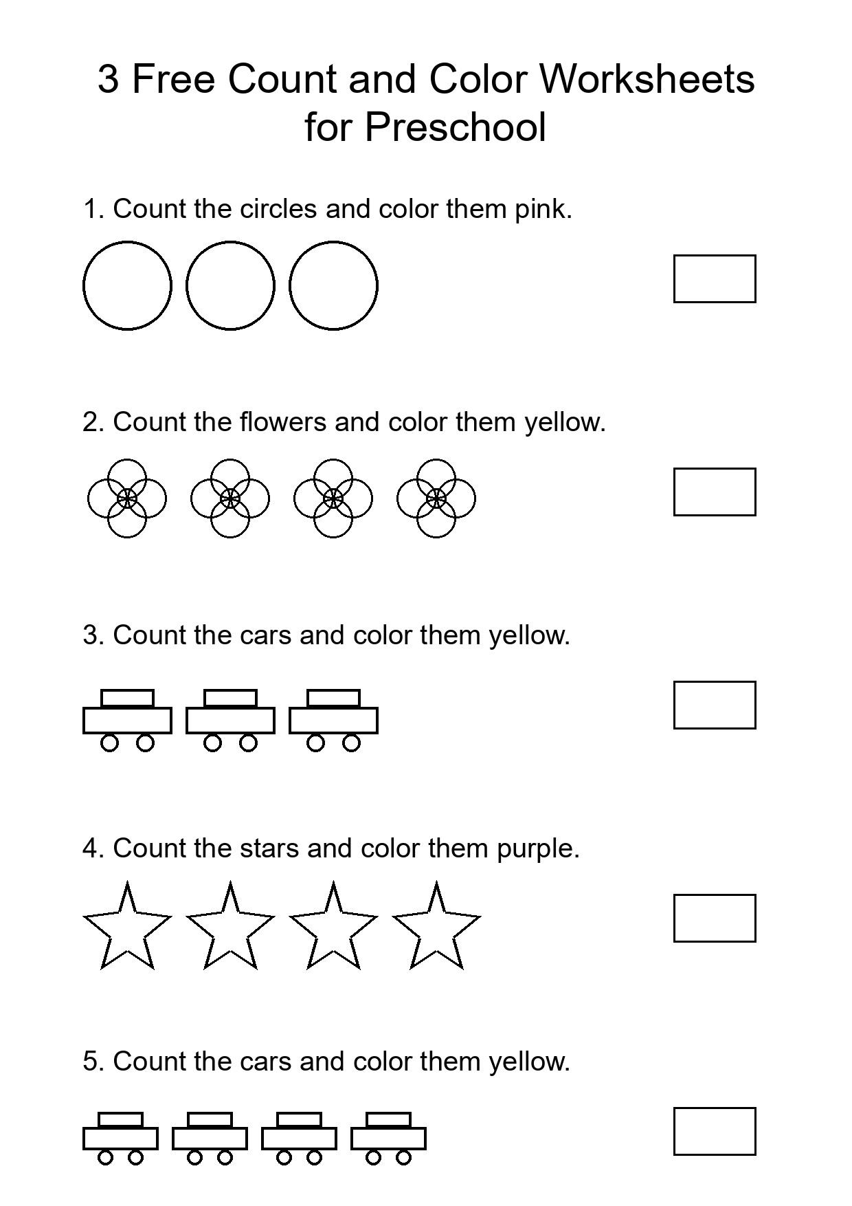 3 Free Count and Color Worksheets for Preschool