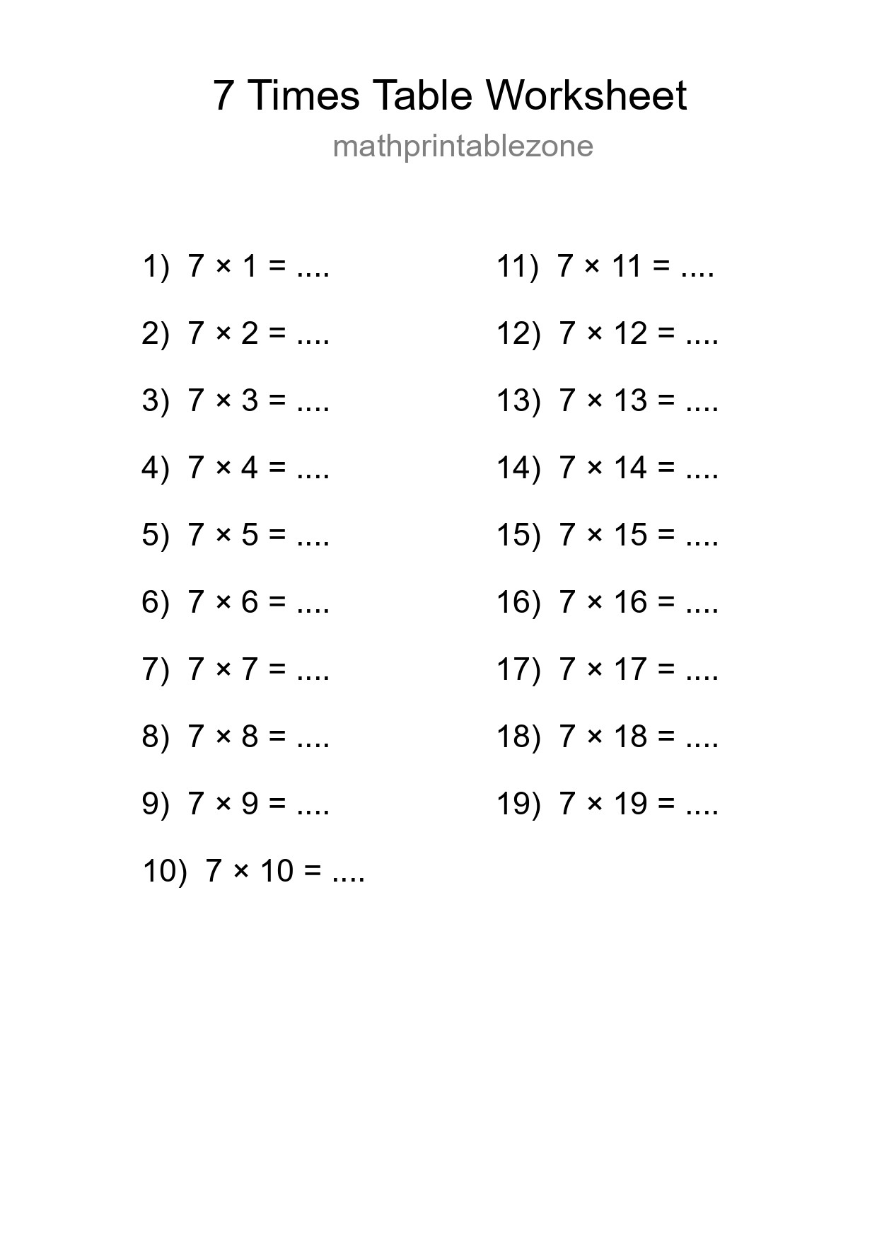 7 Times Table Worksheet For Grade 3 - Part 284