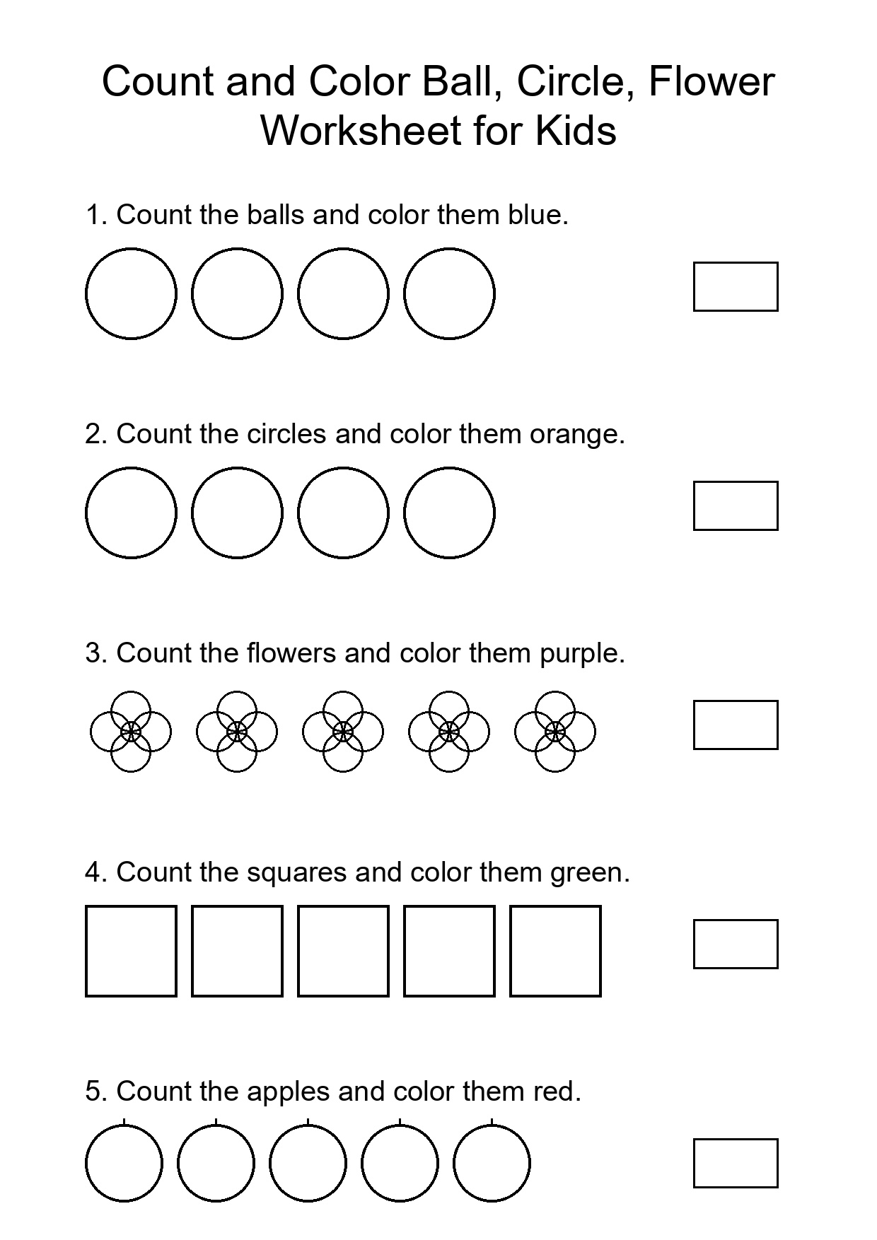 Count and Color Ball, Circle, Flower Worksheet for Kids