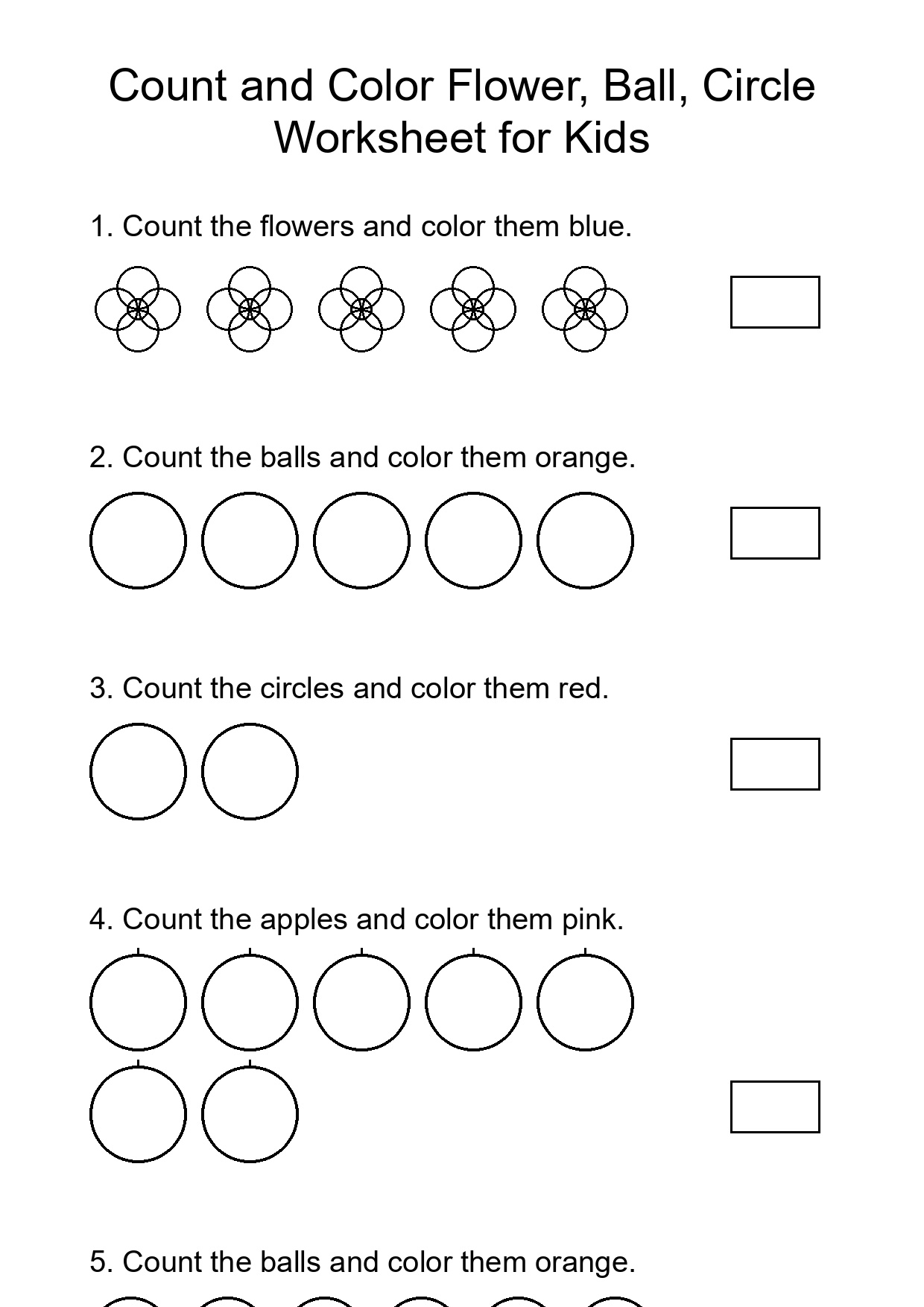 Count and Color Flower, Ball, Circle Worksheet for Kids