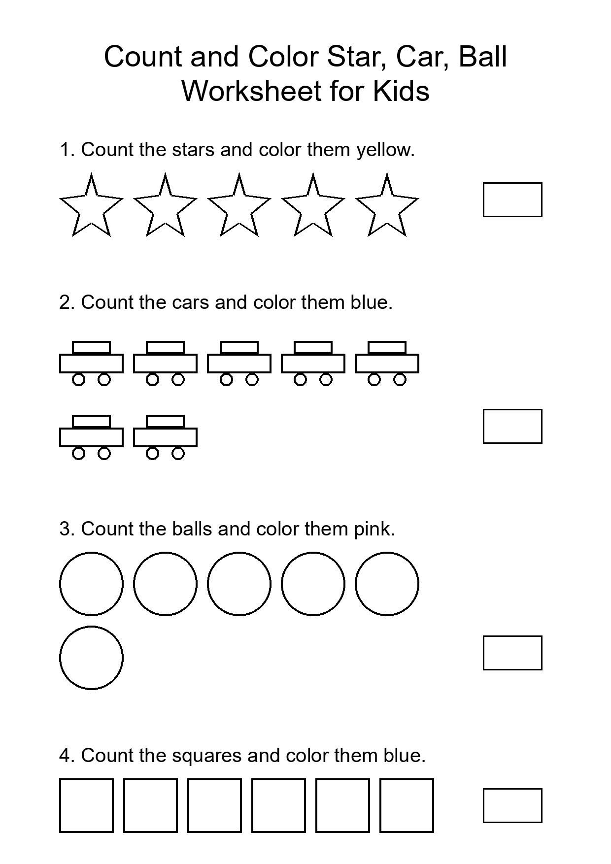 Count and Color Star, Car, Ball Worksheet for Kids