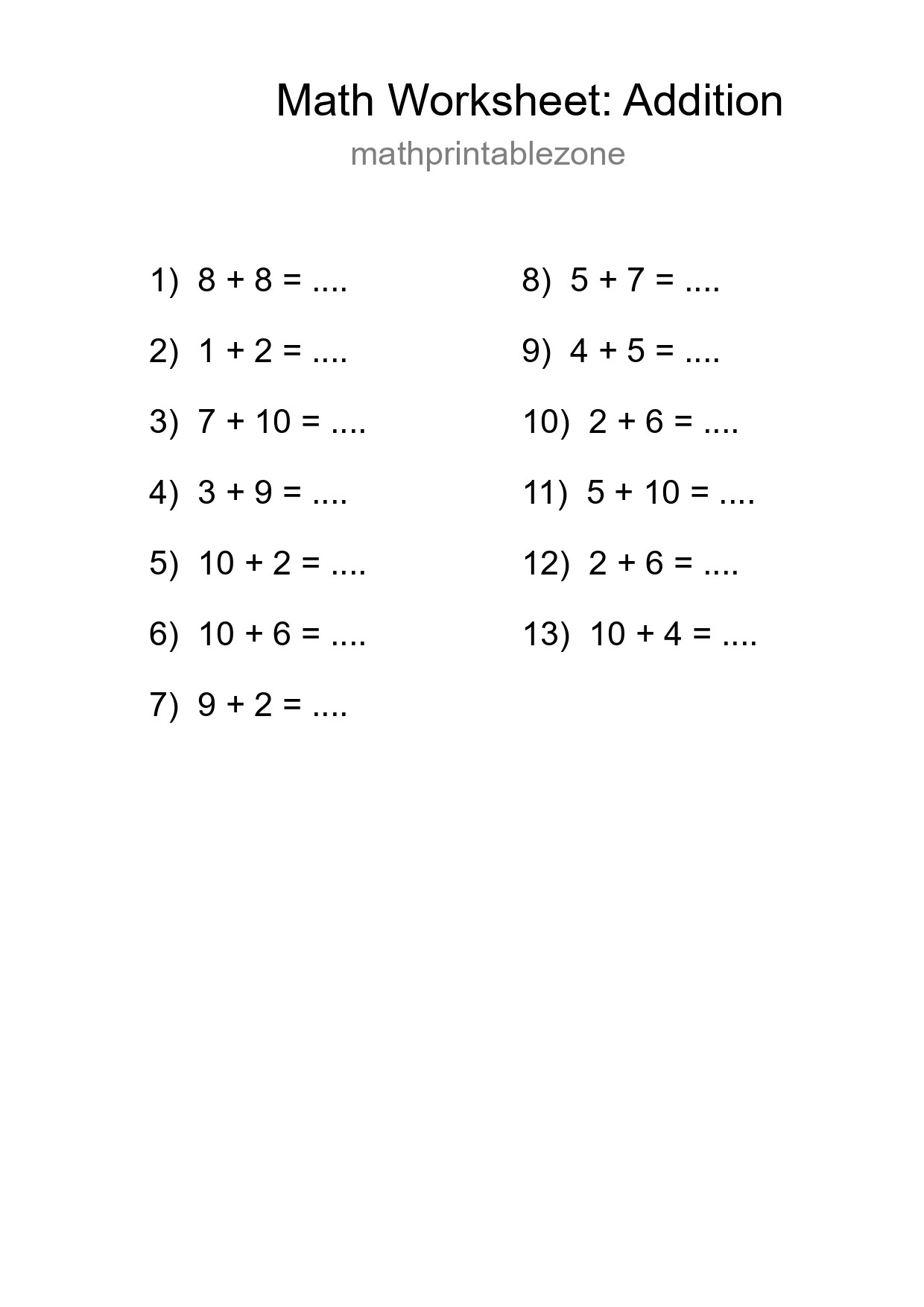 Free 13 Addition Math Worksheet For Grade 1 With Answers - Part 254