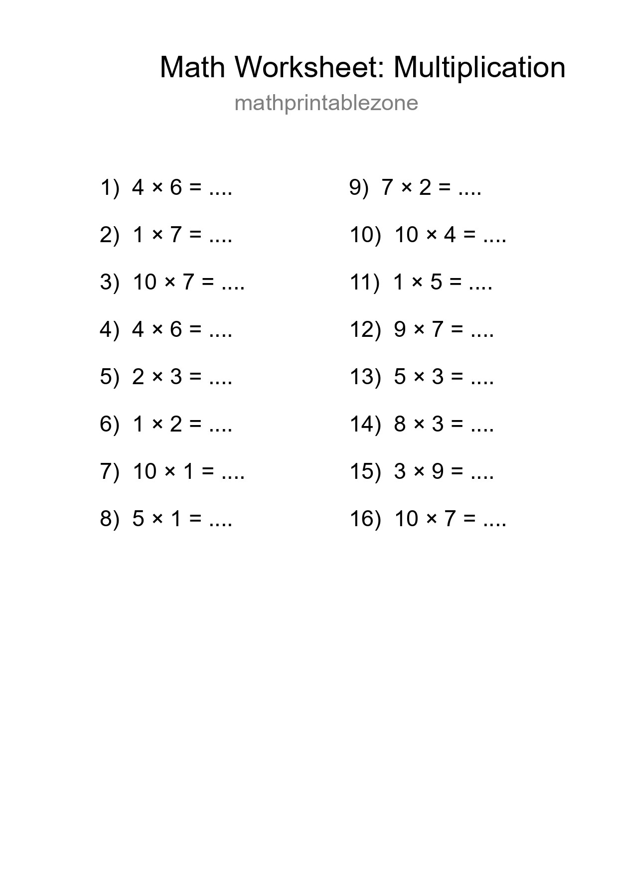Free 16 Multiplication Math Worksheet For Grade 1 With Answers - Part 95