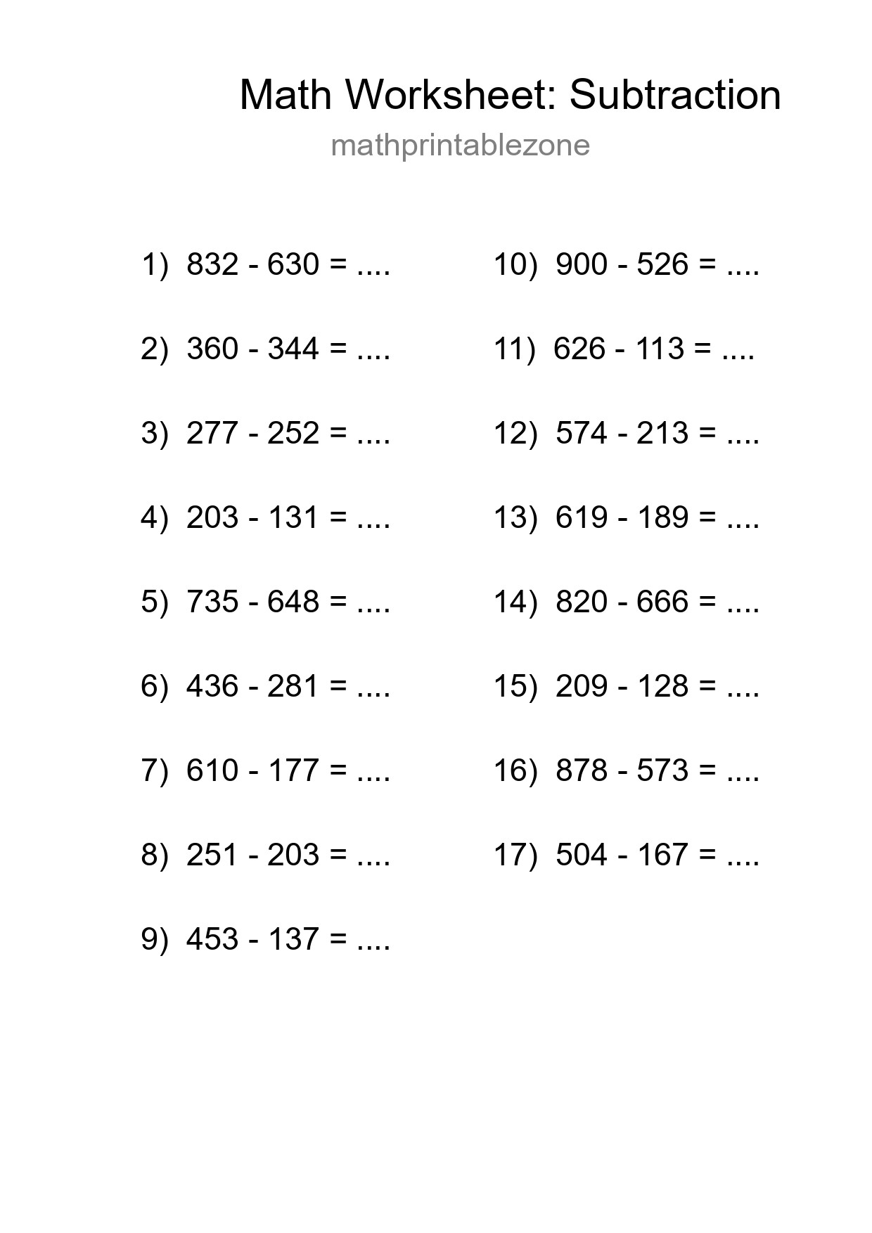 Free 17 Subtraction Math Worksheet For Grade 5 - Part 107