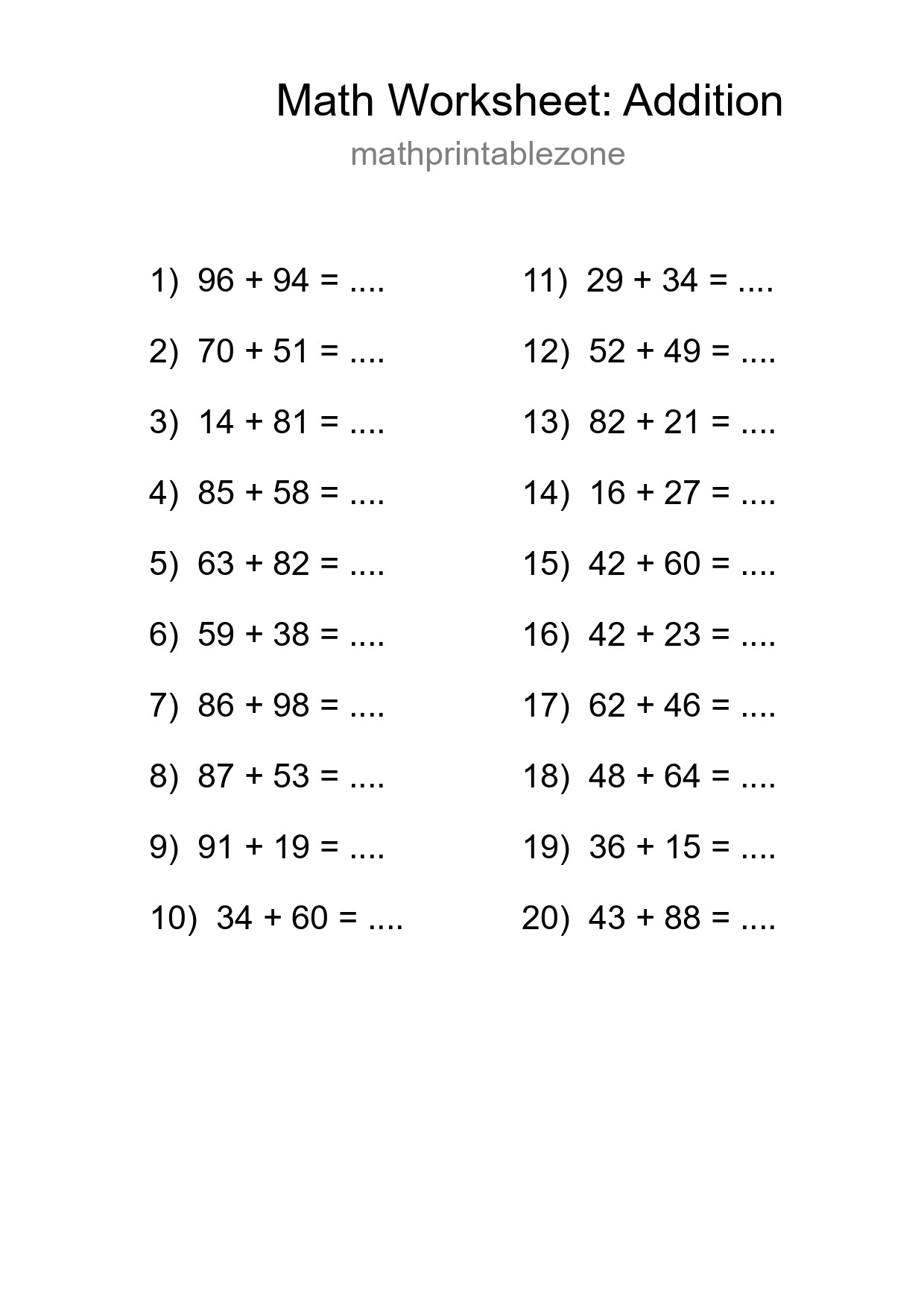 Free 20 Addition Math Worksheet For Grade 3 With Answers - Part 232