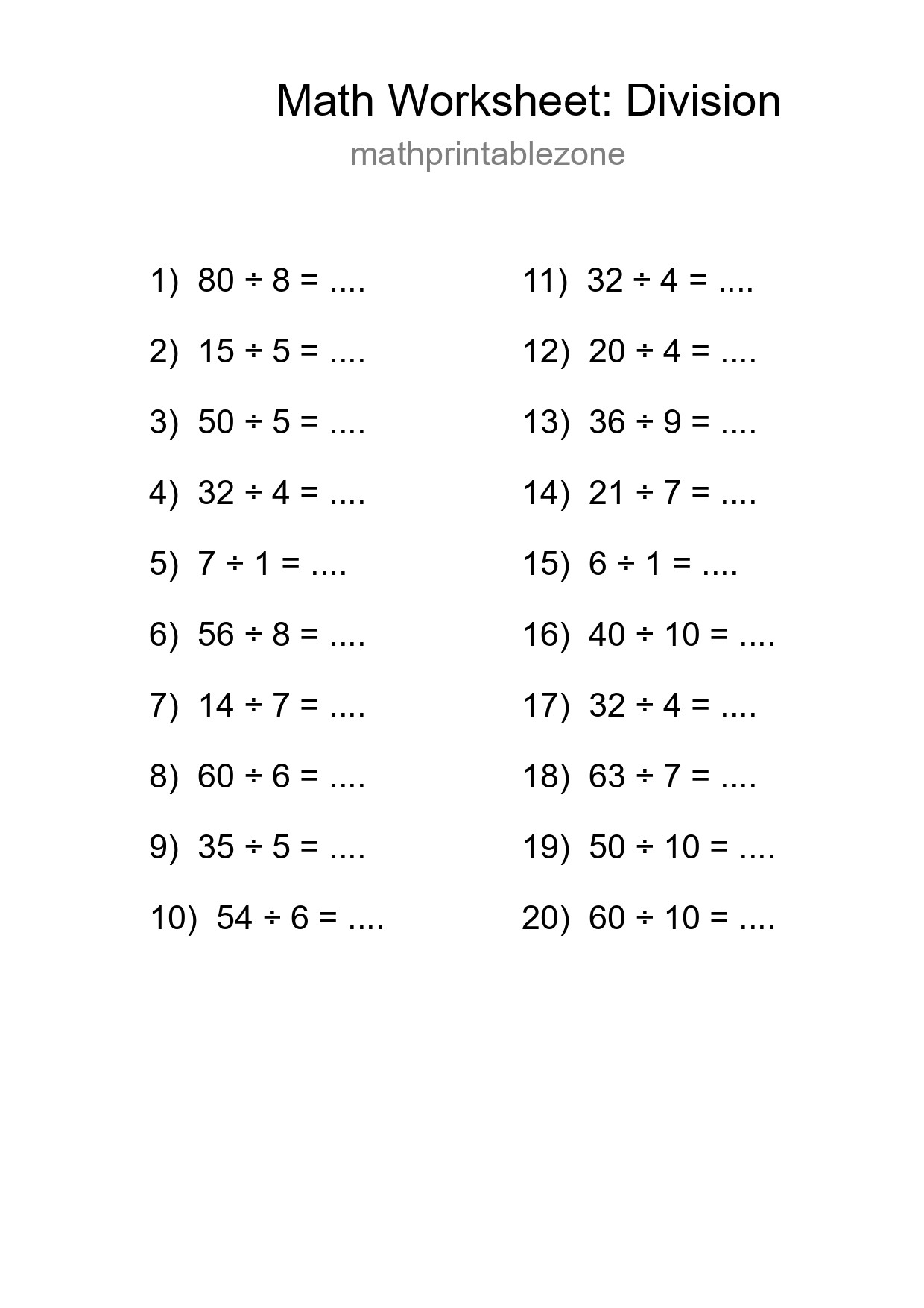 Free 20 Division Math Worksheet For Grade 1 With Answers - Part 125
