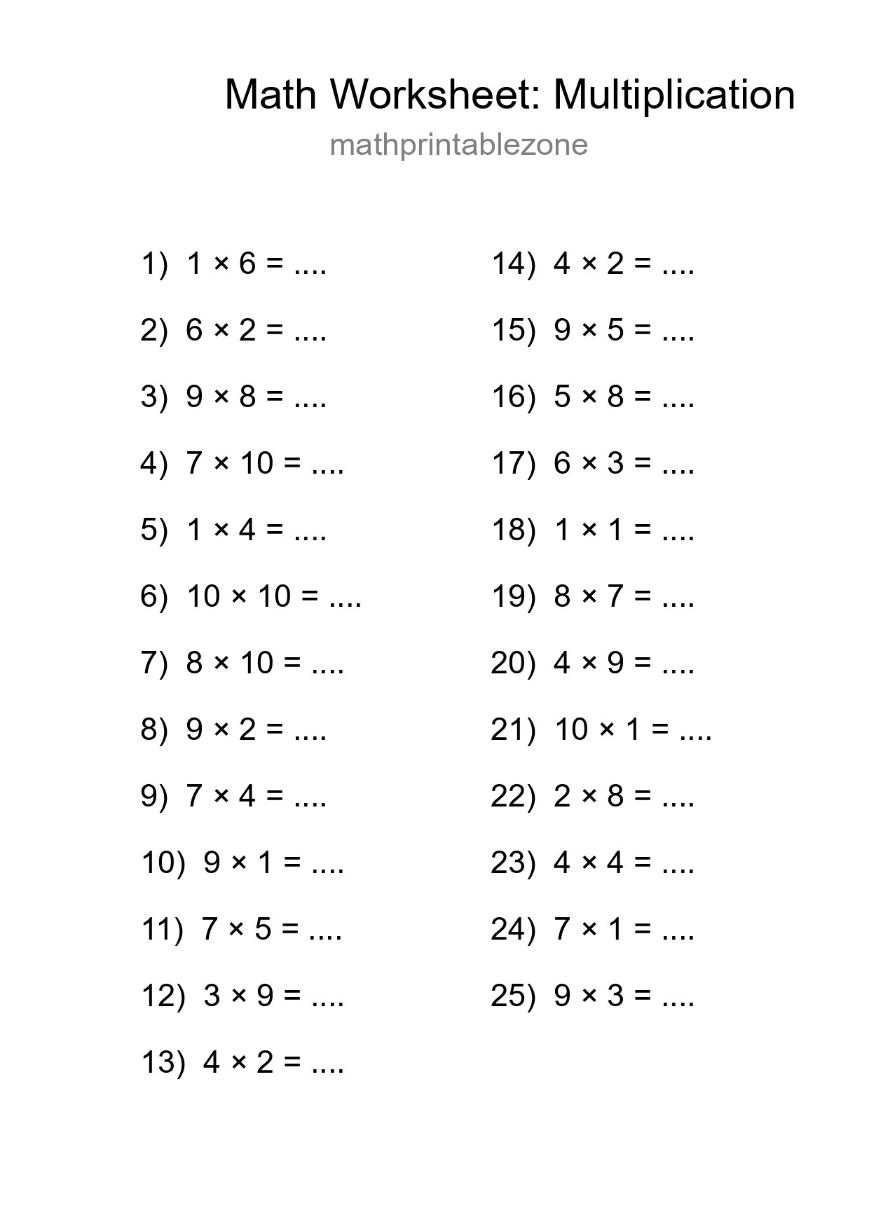 Free 25 Multiplication Math Worksheet For Grade 1 - Part 40