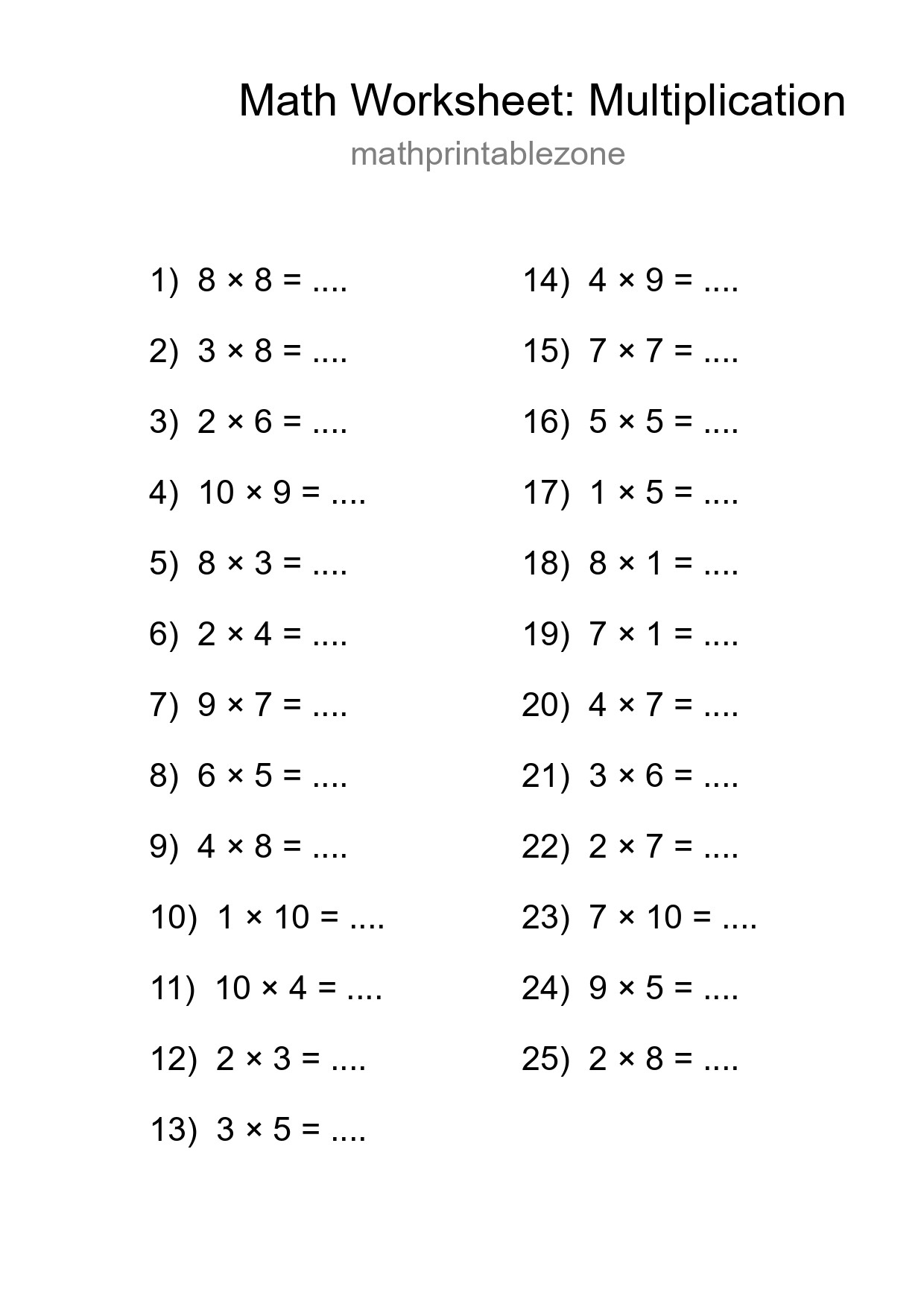 Free 25 Multiplication Math Worksheet For Grade 1 With Answers - Part 260