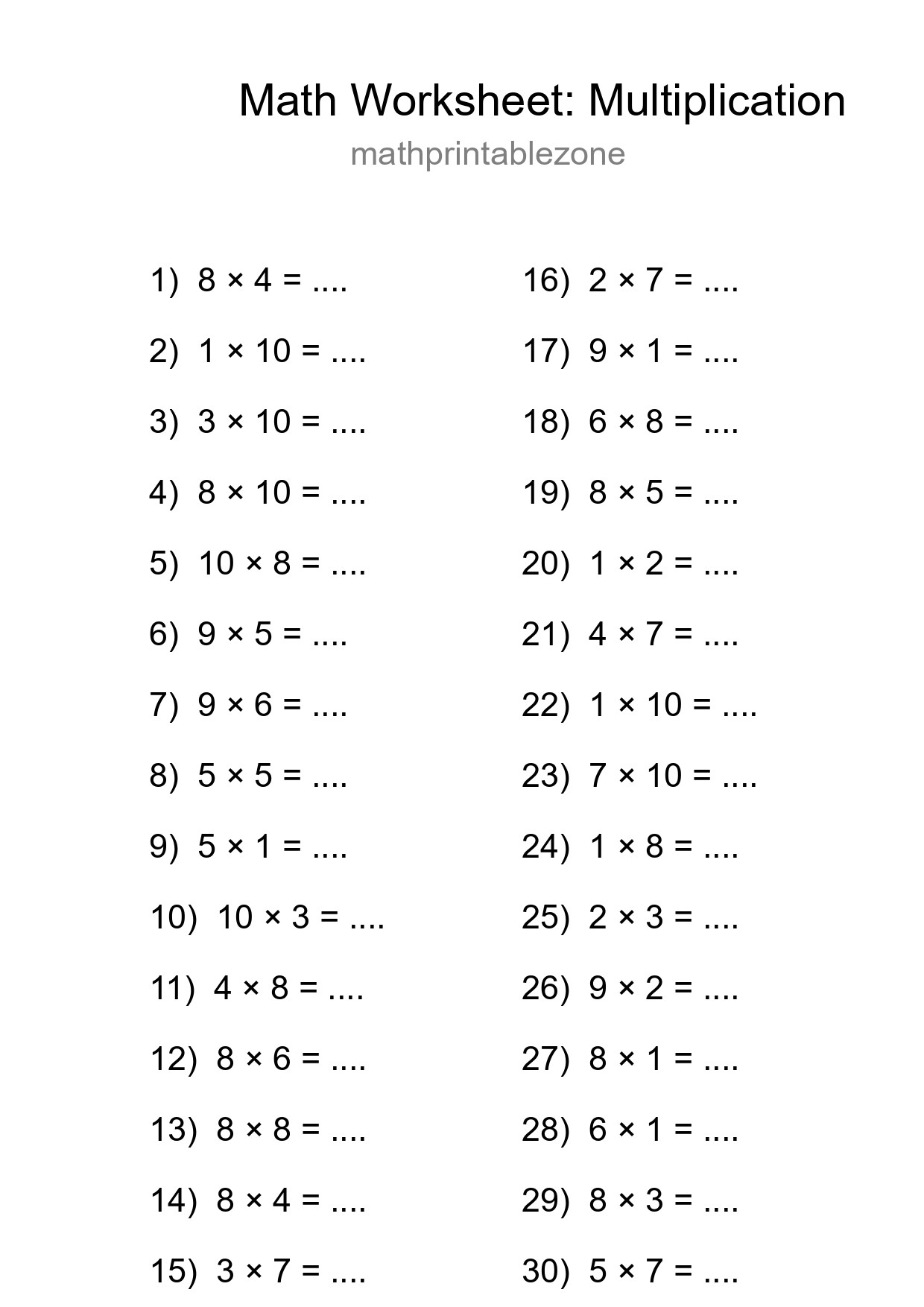 Free 30 Multiplication Math Worksheet For Grade 1 With Answers - Part 73