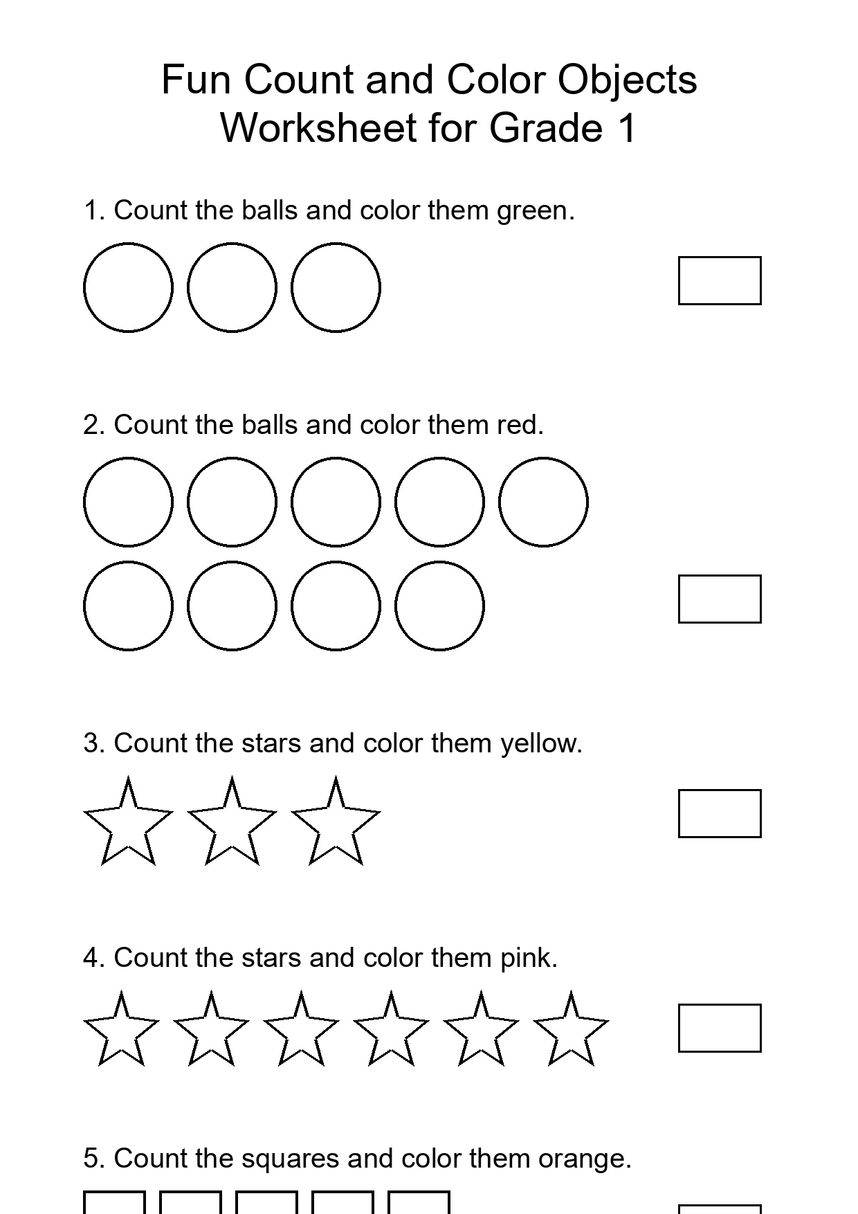 Fun Count and Color Objects Worksheet for Grade 1