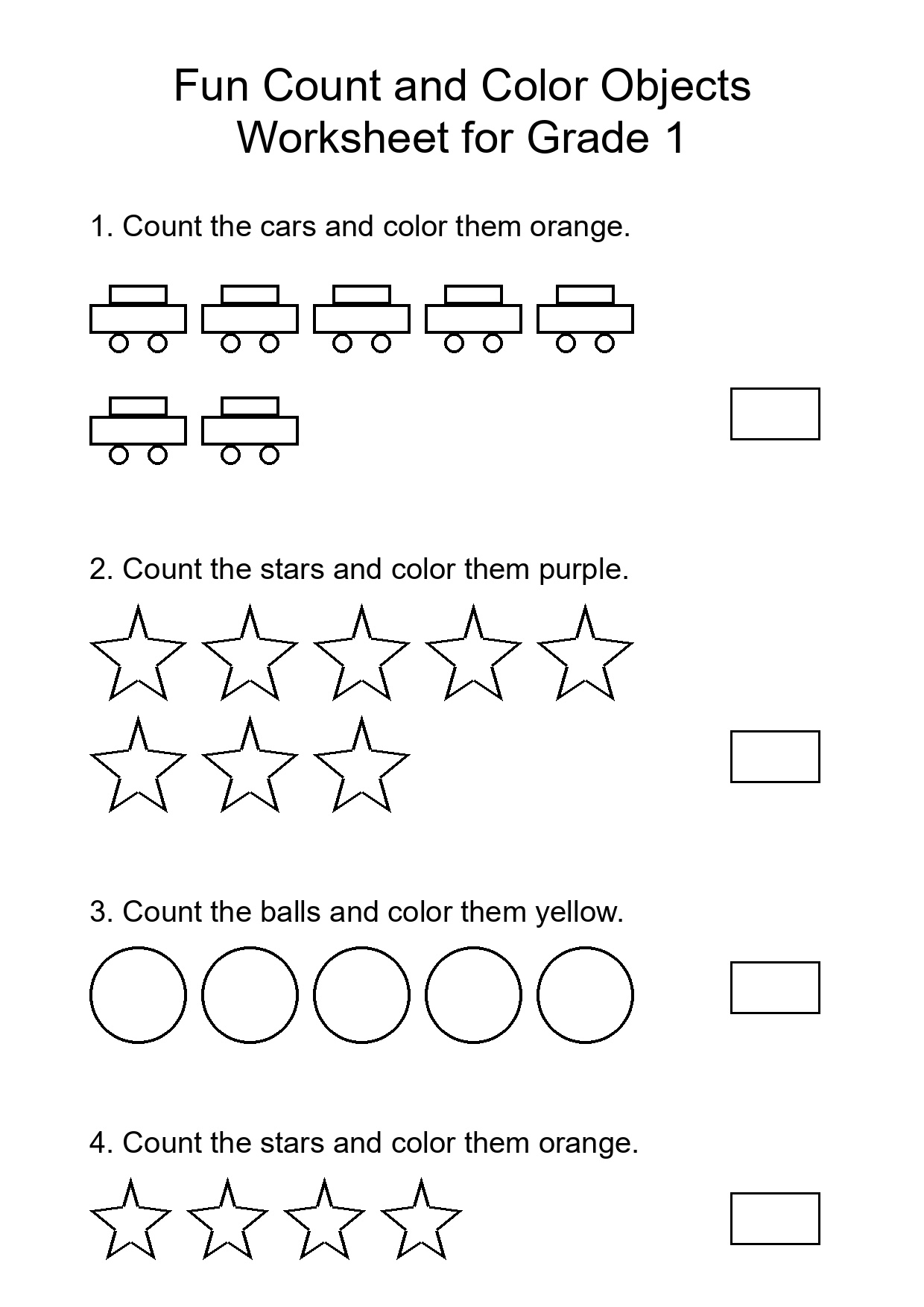 Fun Count and Color Objects Worksheet for Grade 1