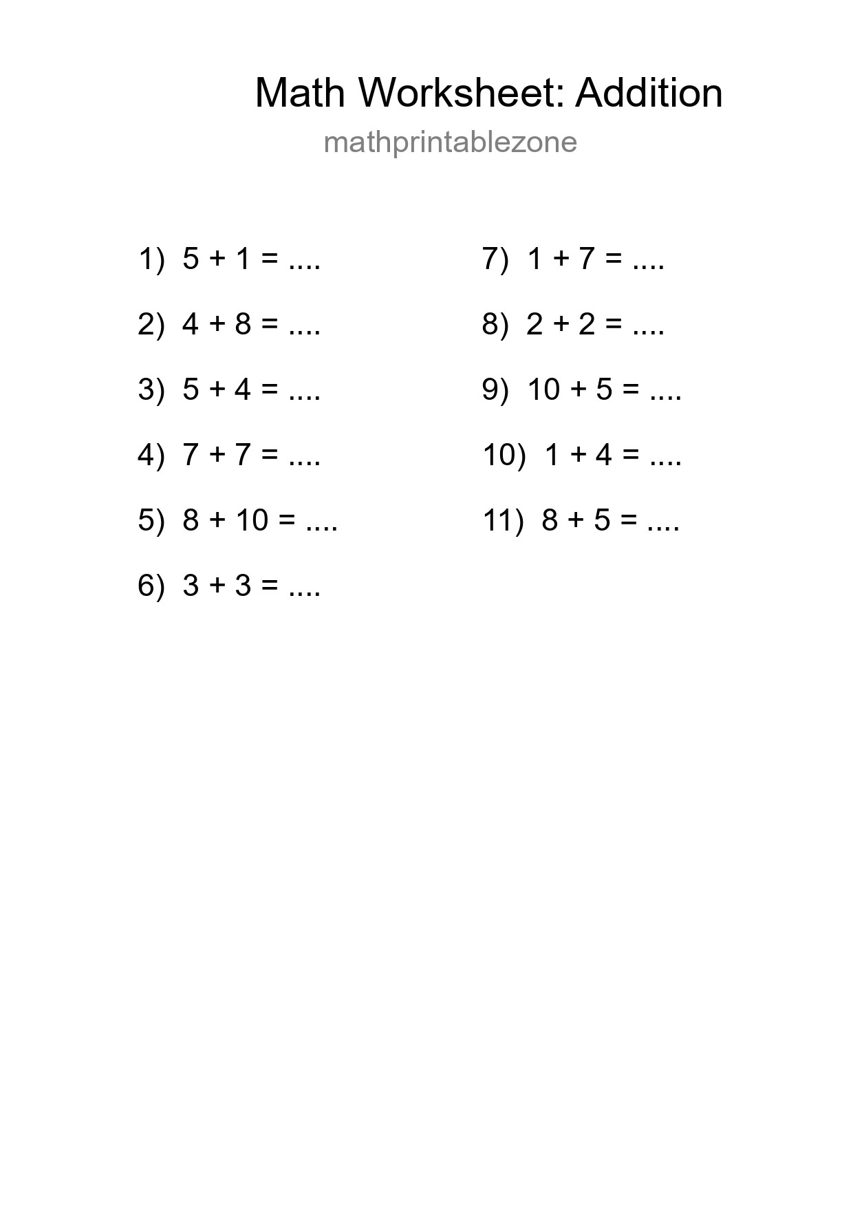 Grade 1 Addition Practice Worksheet (11 Problems) - Part 221