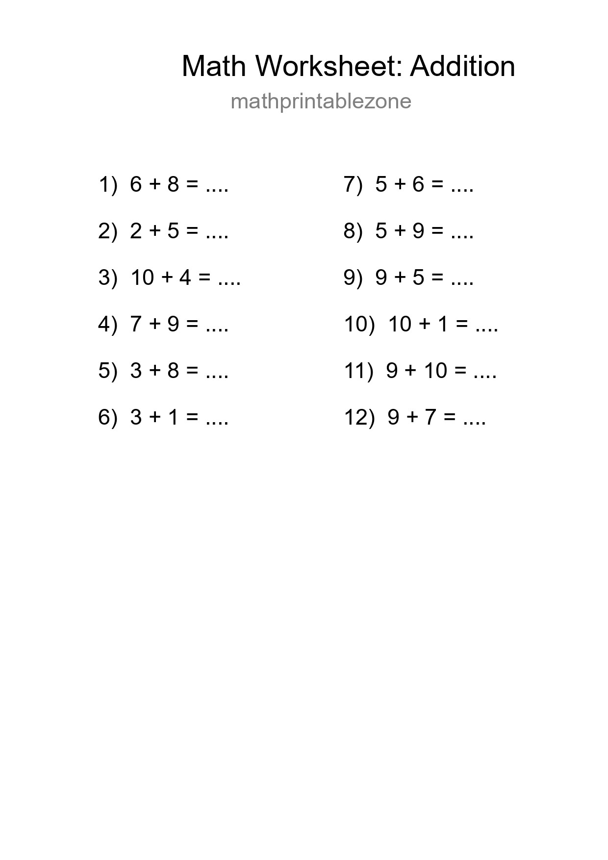 Grade 1 Addition Practice Worksheet (12 Problems) - Part 100