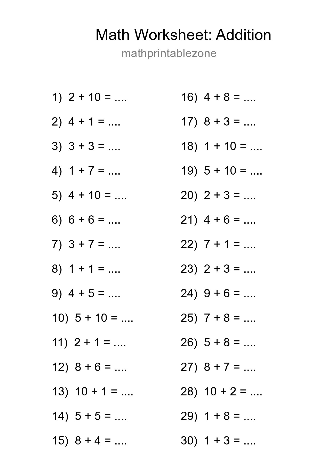 Grade 1 Addition Practice Worksheet (30 Problems) - Part 111