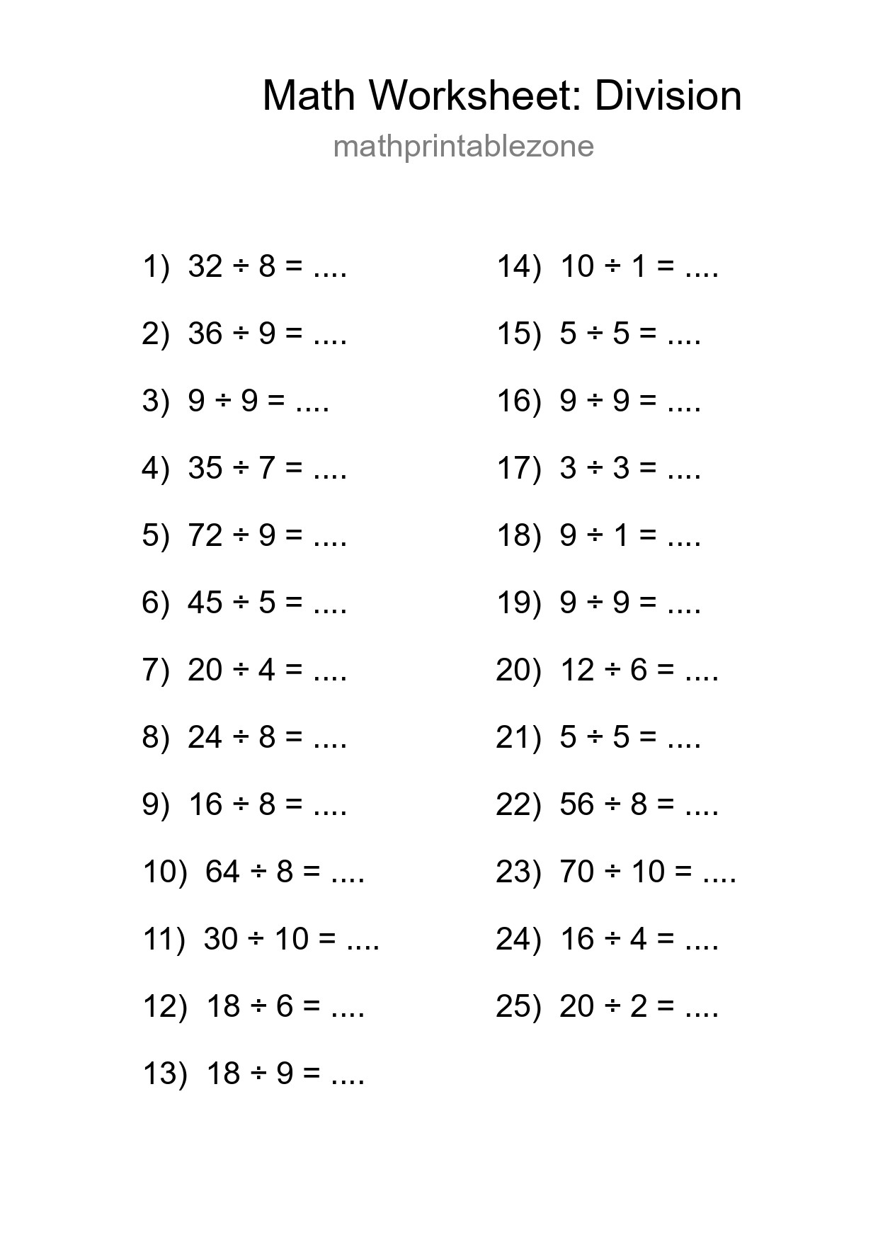 Grade 1 Division Practice Worksheet (25 Problems) - Part 246
