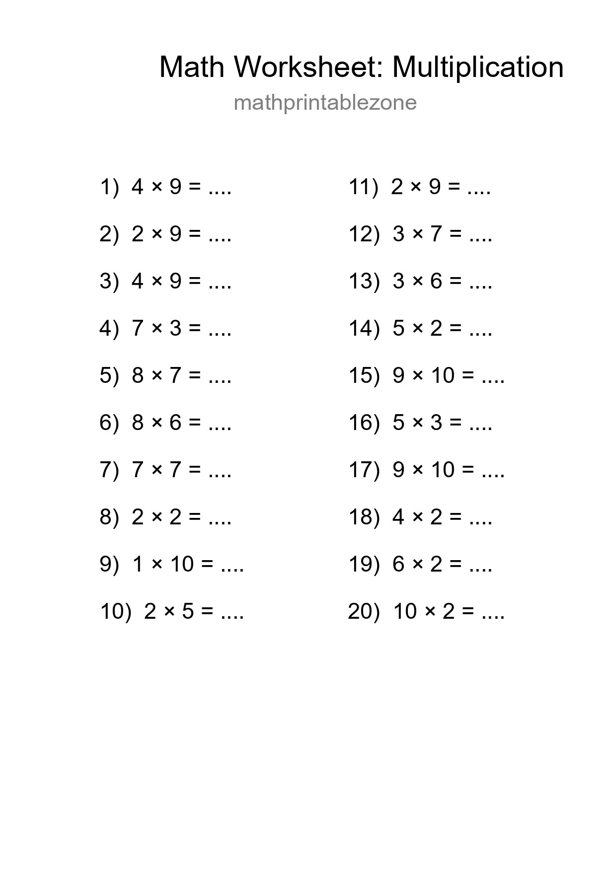 Grade 1 Multiplication Practice Worksheet (20 Problems) - Part 282