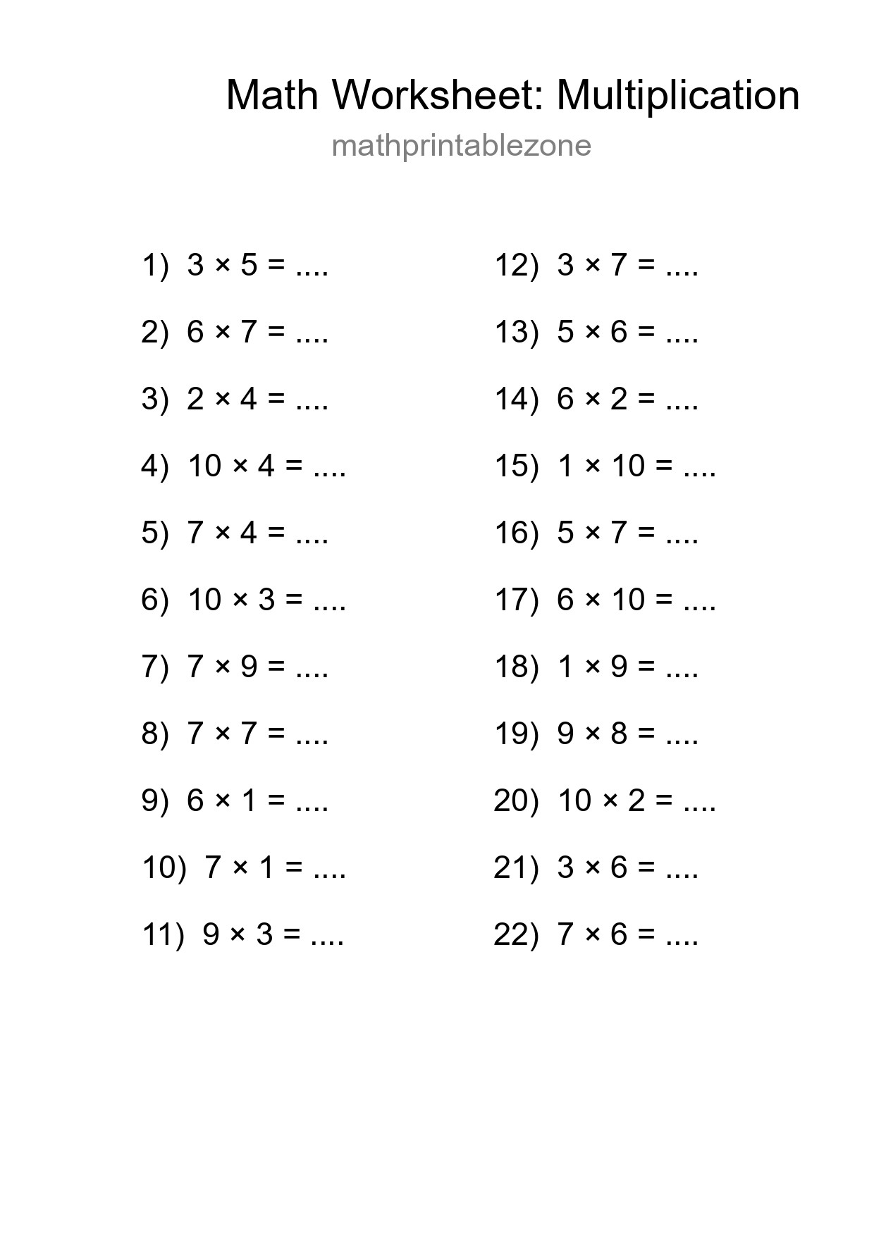 Grade 1 Multiplication Practice Worksheet (22 Problems) - Part 18