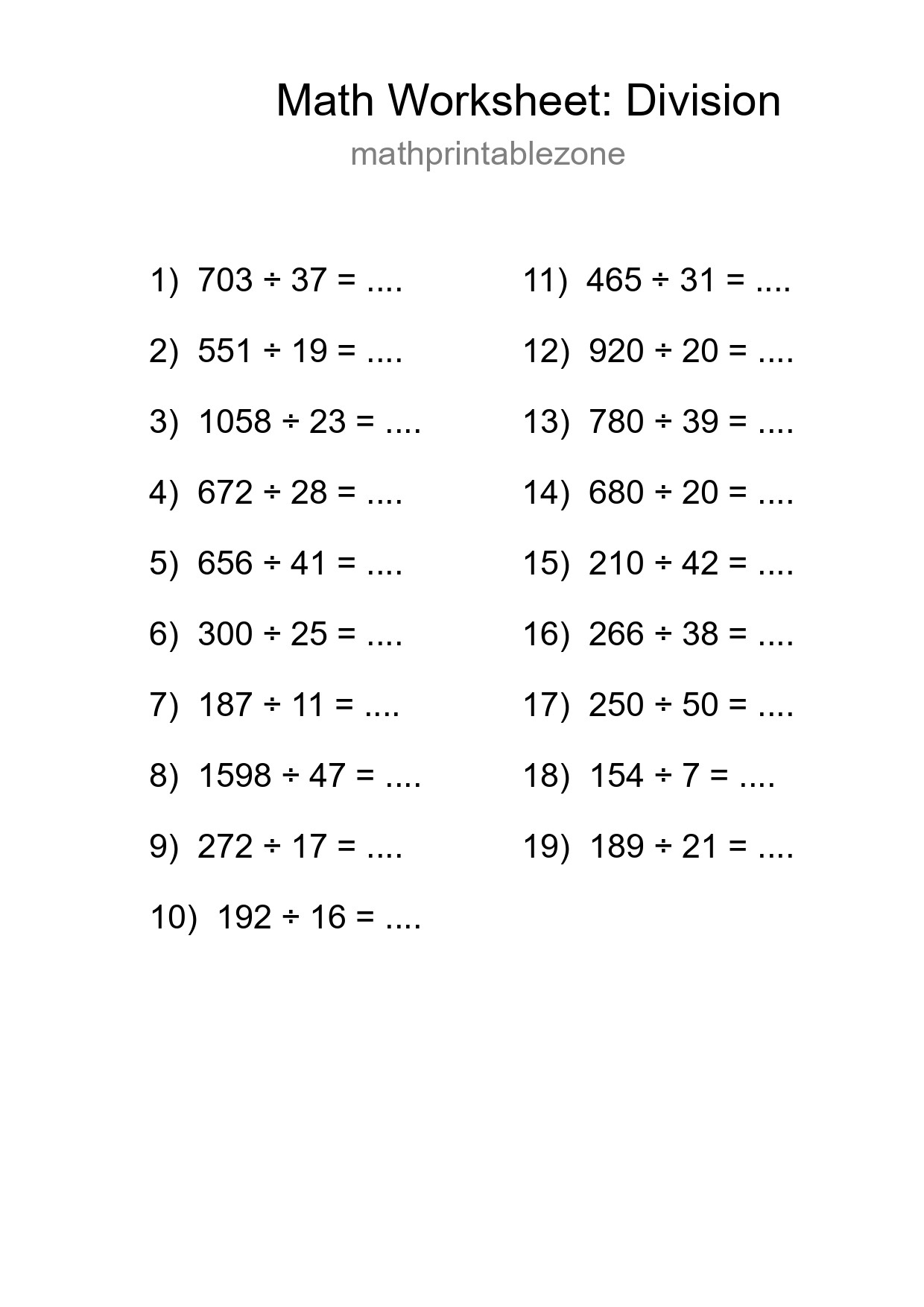 Grade 2 Division Practice Worksheet (19 Problems) - Part 224