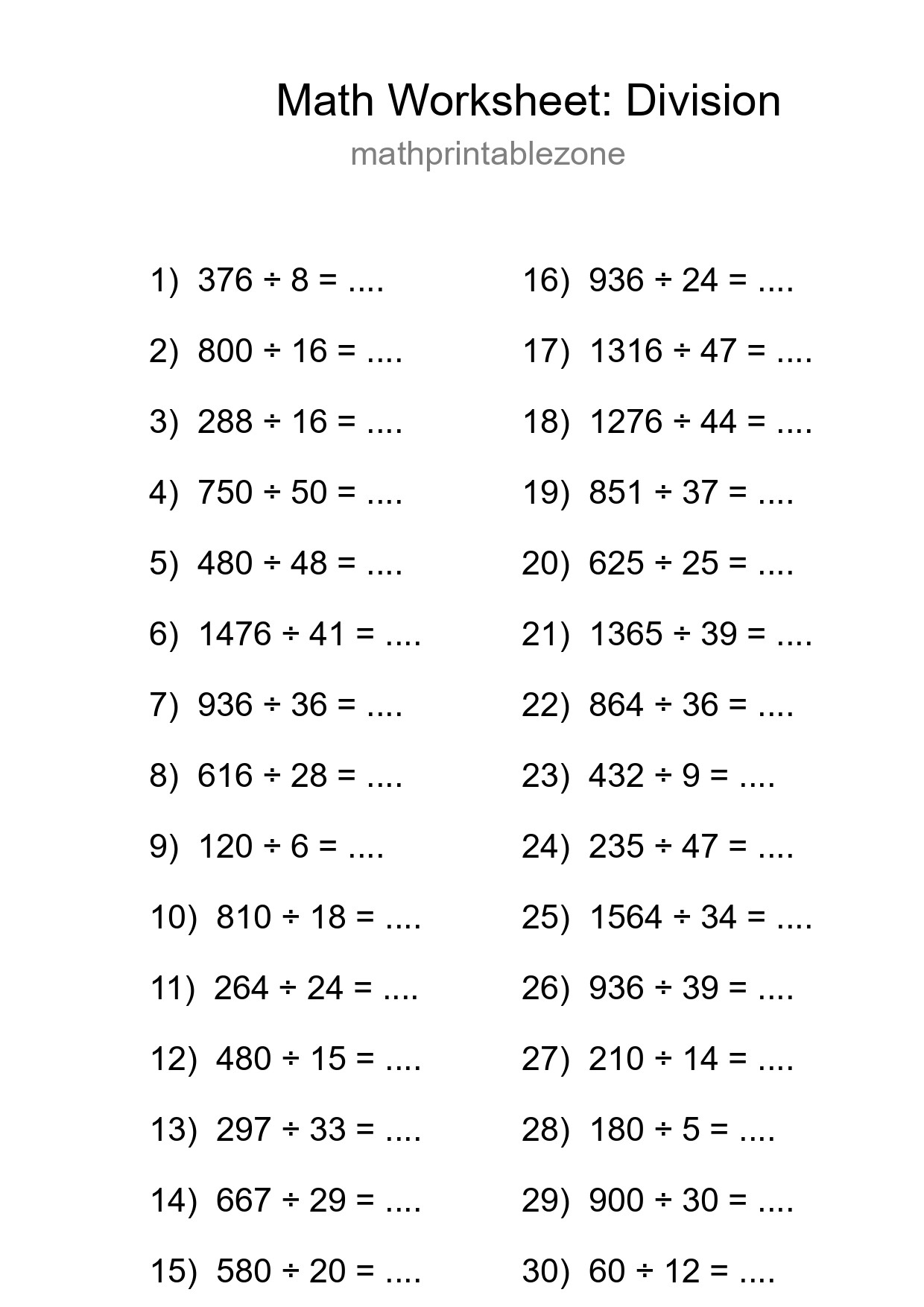 Grade 2 Division Practice Worksheet (30 Problems) - Part 4