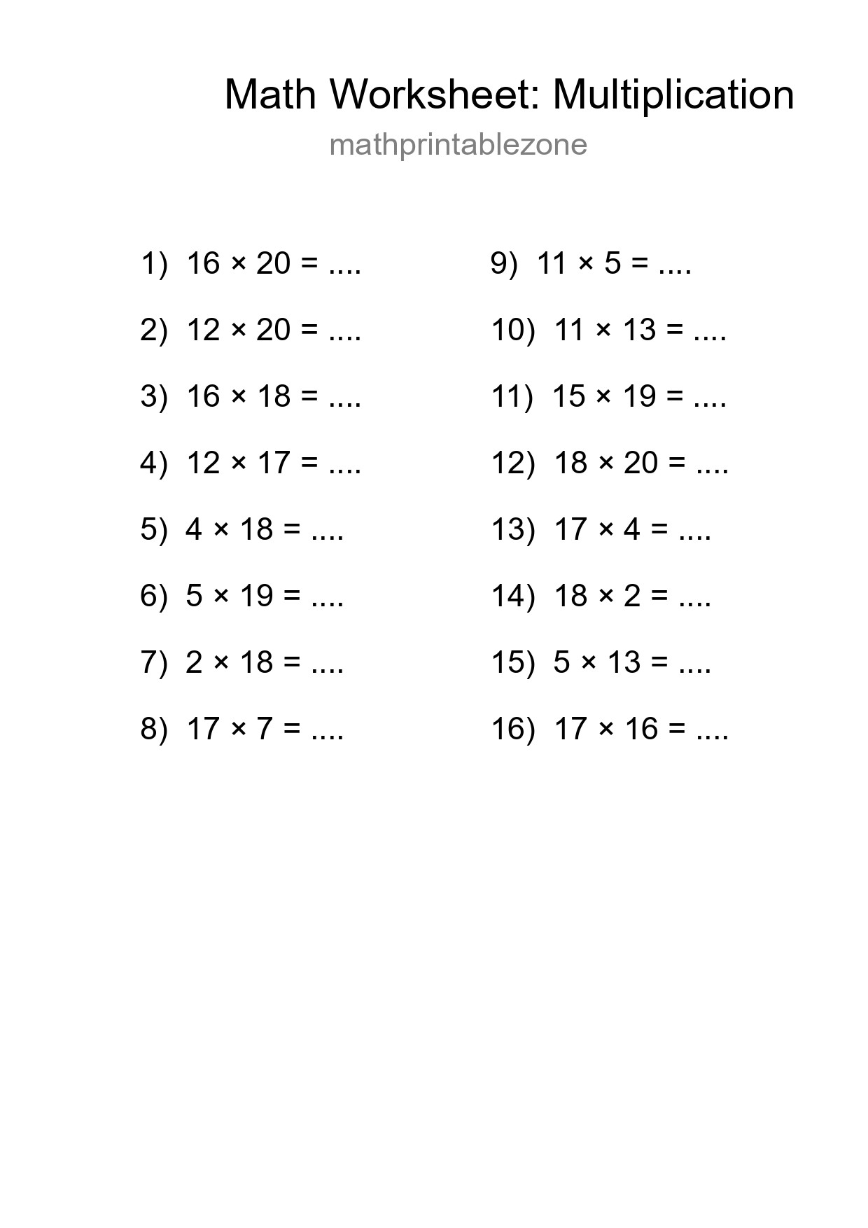 Grade 2 Multiplication Practice Worksheet (16 Problems) - Part 172