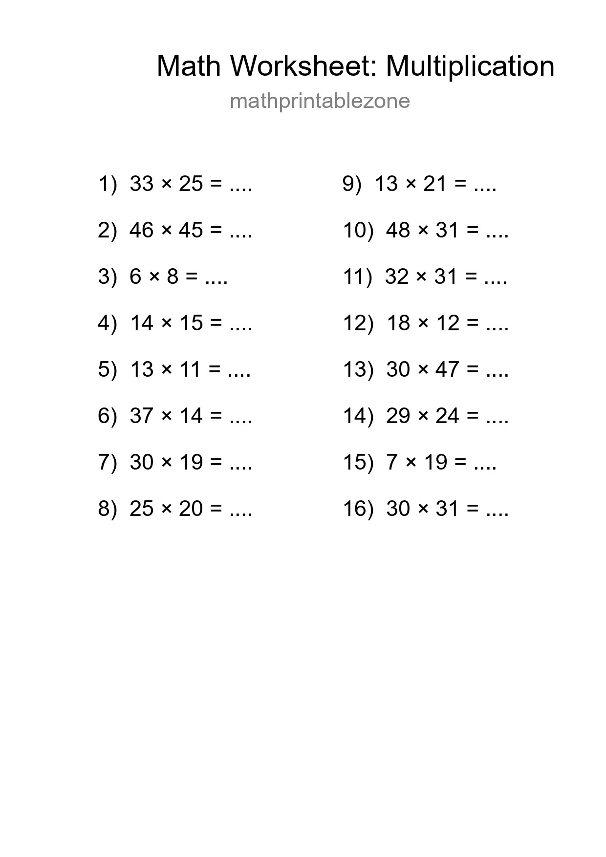 Grade 2 Multiplication Practice Worksheet (16 Problems) - Part 271