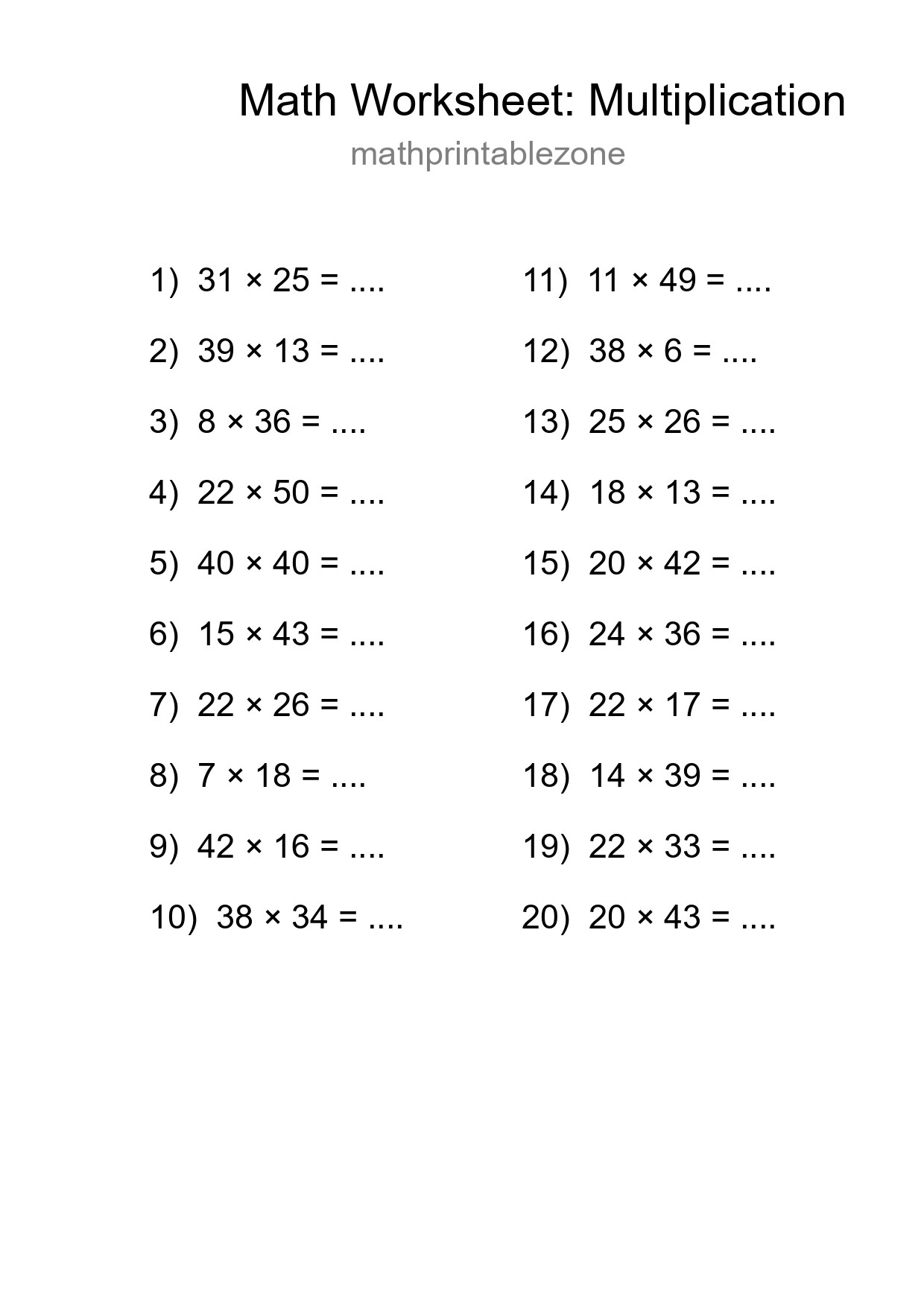 Grade 2 Multiplication Practice Worksheet (20 Problems) - Part 293