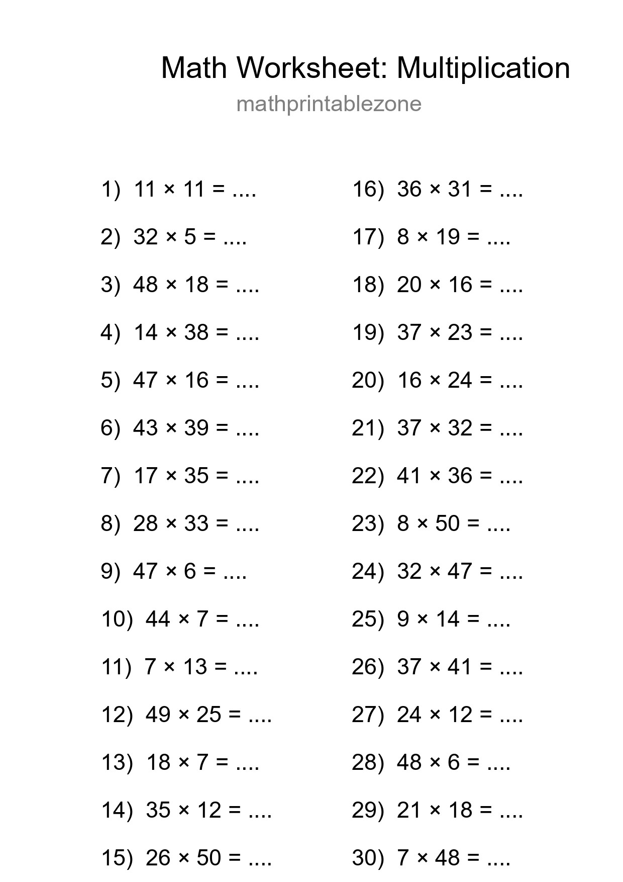 Grade 2 Multiplication Practice Worksheet (30 Problems) - Part 161