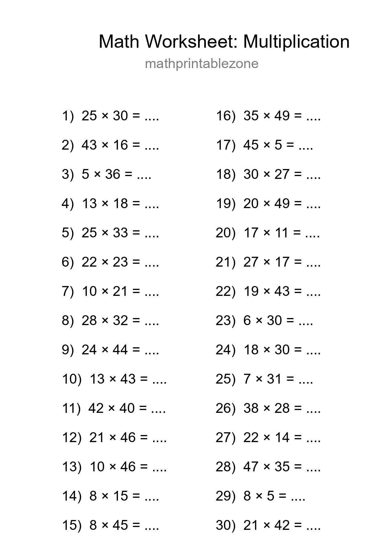 Grade 2 Multiplication Practice Worksheet (30 Problems) - Part 249