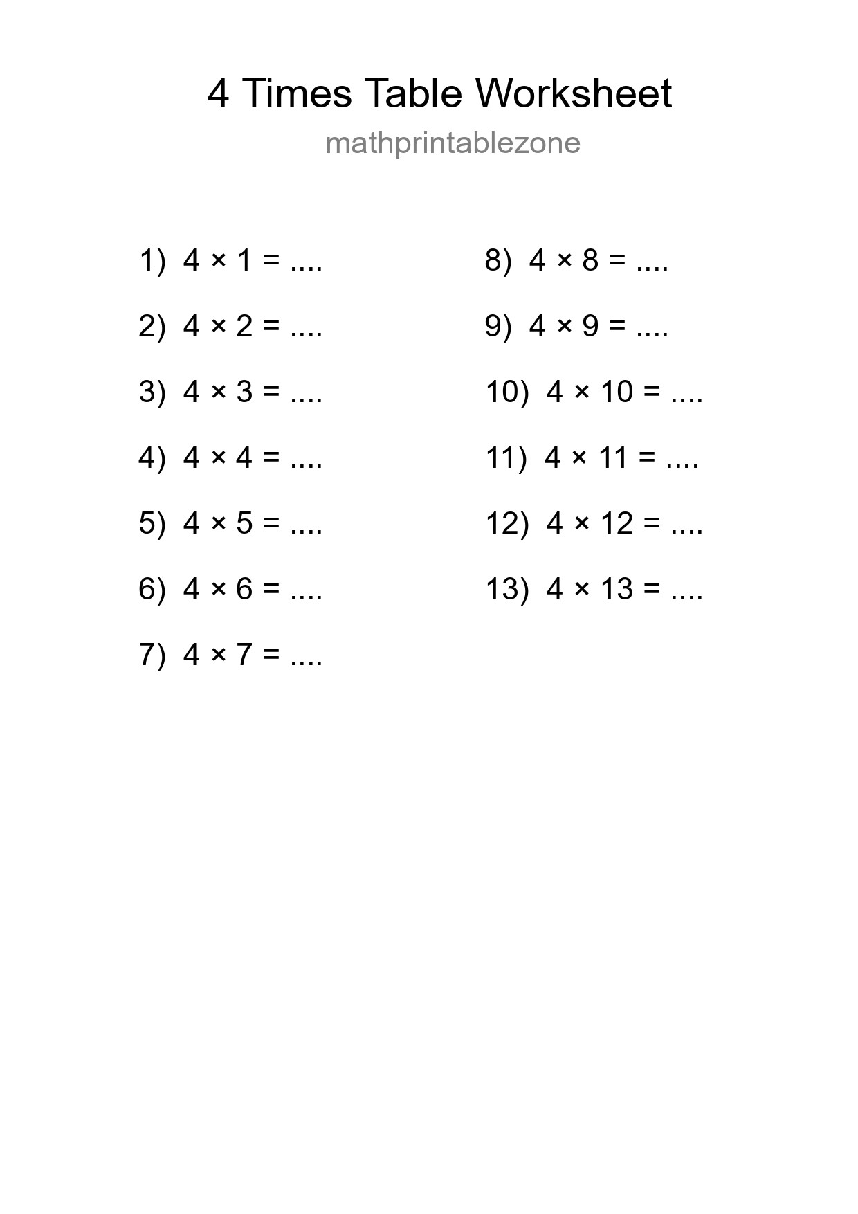 Grade 2 Multiplication Table 4 Practice - Part 42