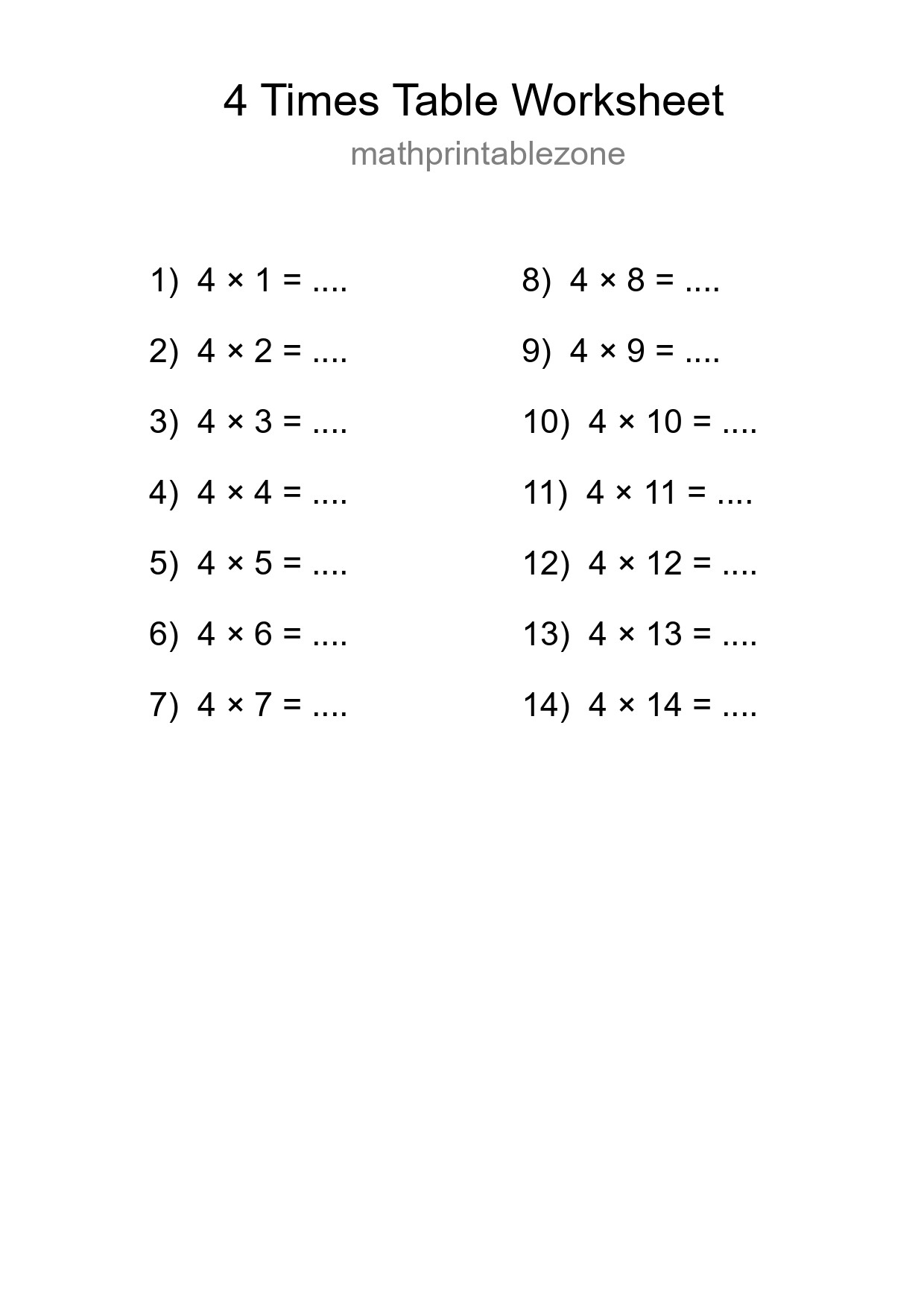 Grade 2 Multiplication Table 4 Practice - Part 86