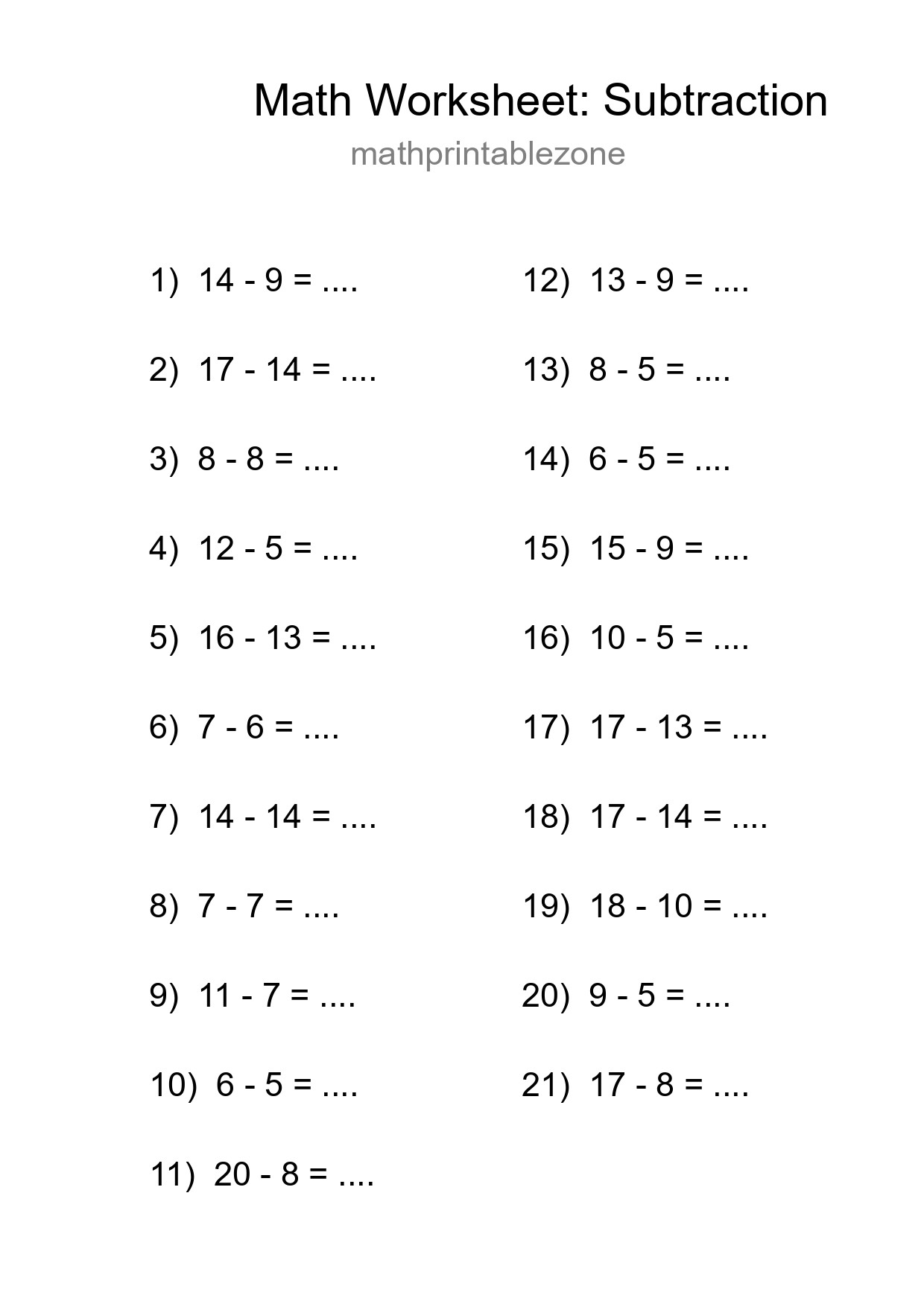 Grade 2 Subtraction Practice Worksheet (21 Problems) - Part 140