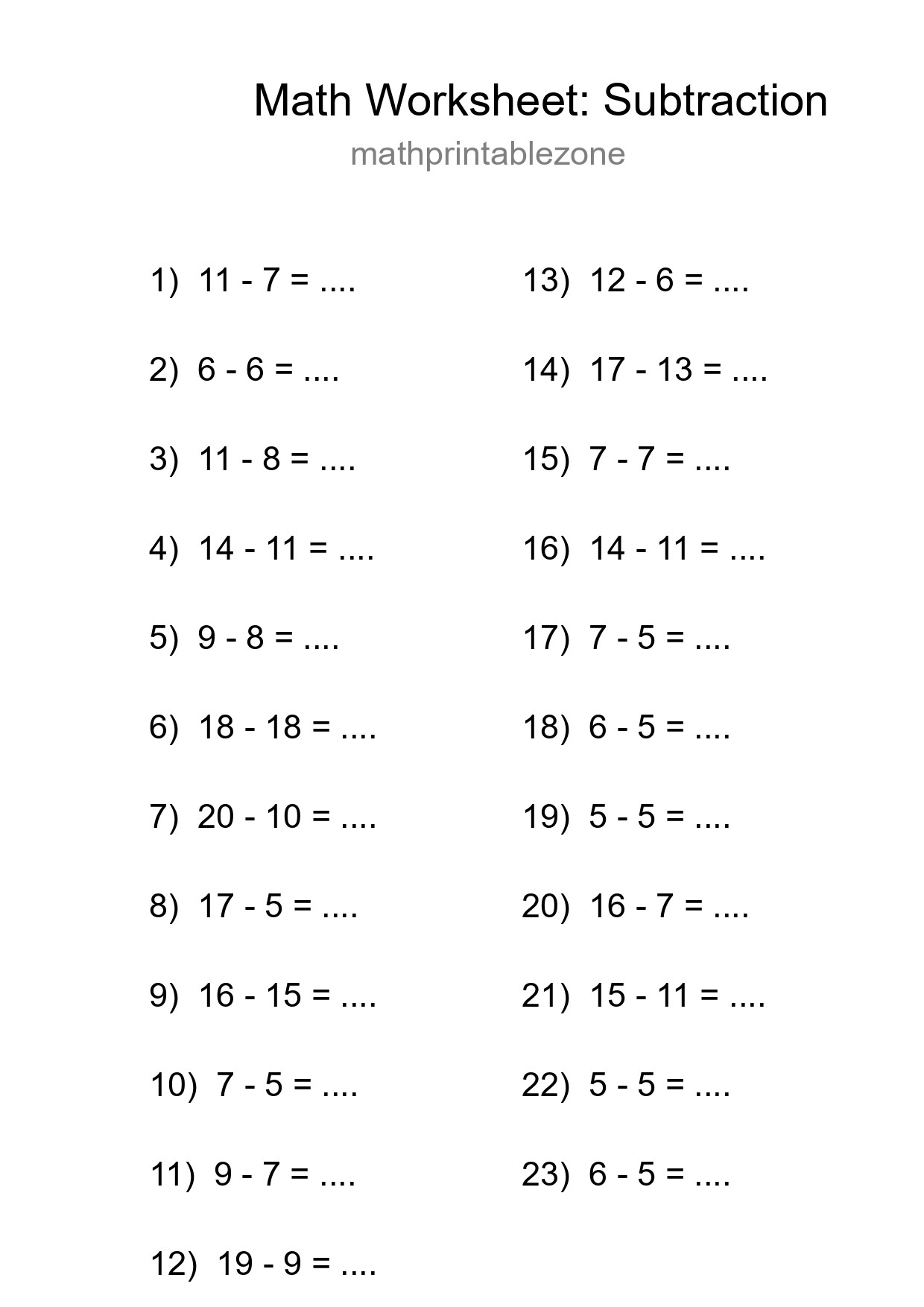 Grade 2 Subtraction Practice Worksheet (23 Problems) - Part 74