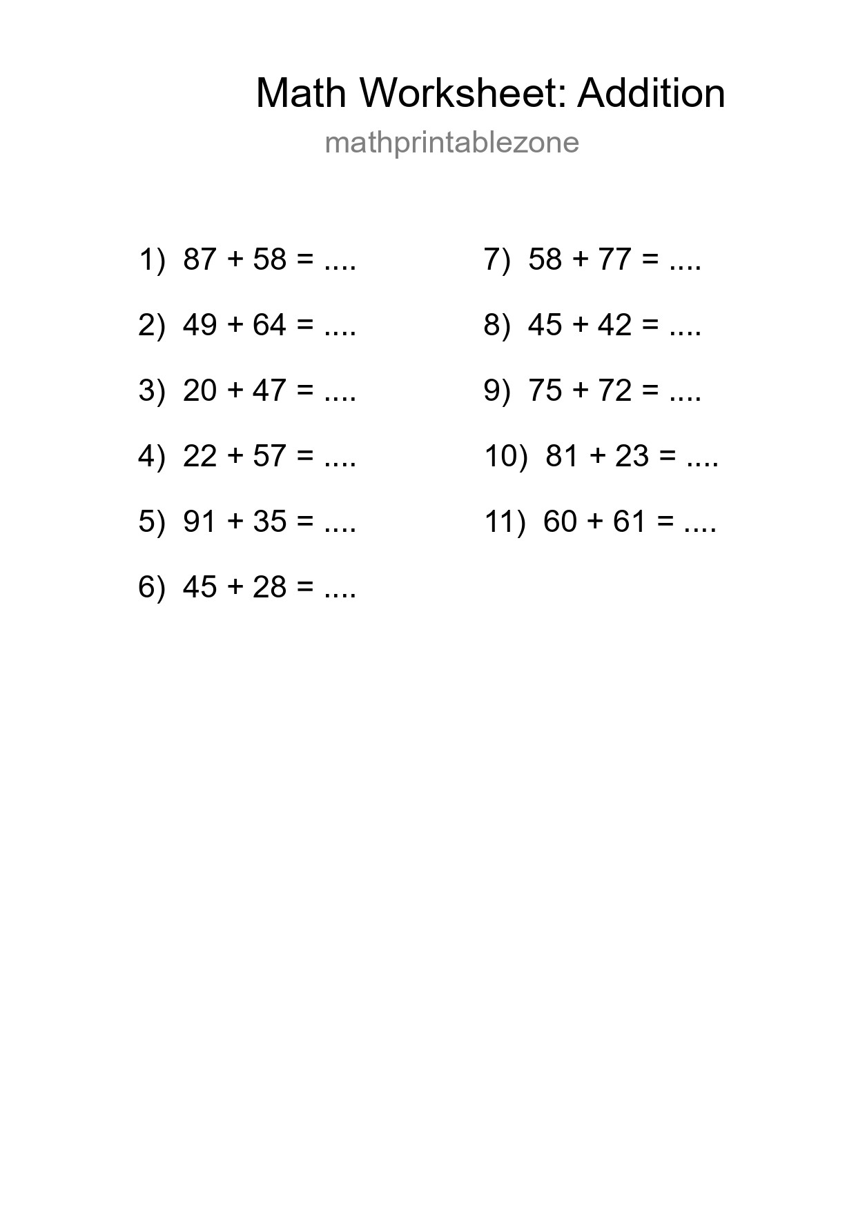 Grade 3 Addition Practice Worksheet (11 Problems) - Part 78