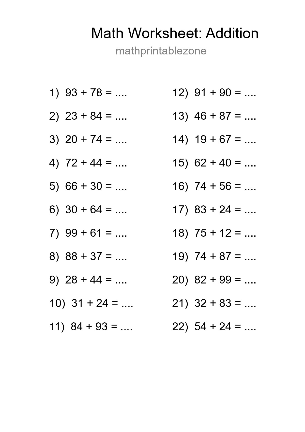 Grade 3 Addition Practice Worksheet (22 Problems) - Part 155
