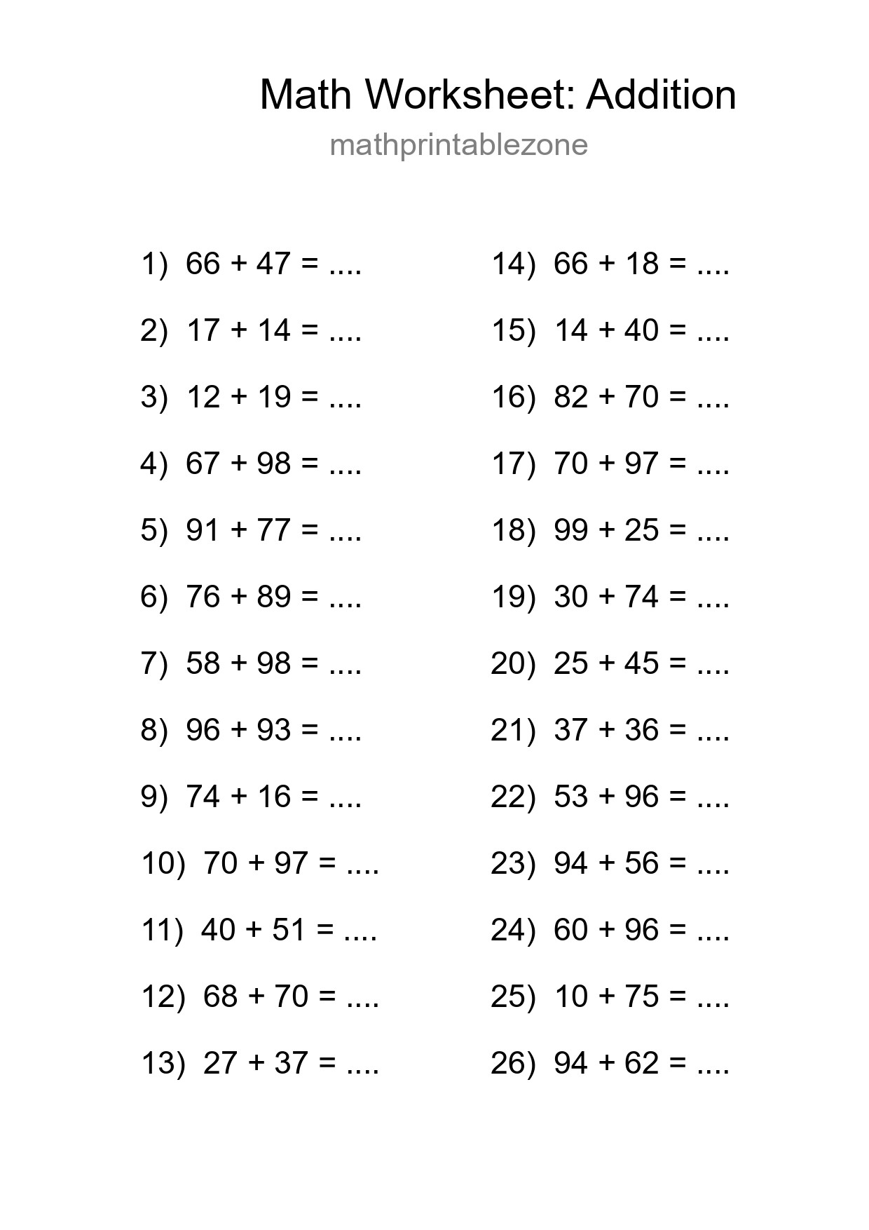 Grade 3 Addition Practice Worksheet (26 Problems) - Part 210
