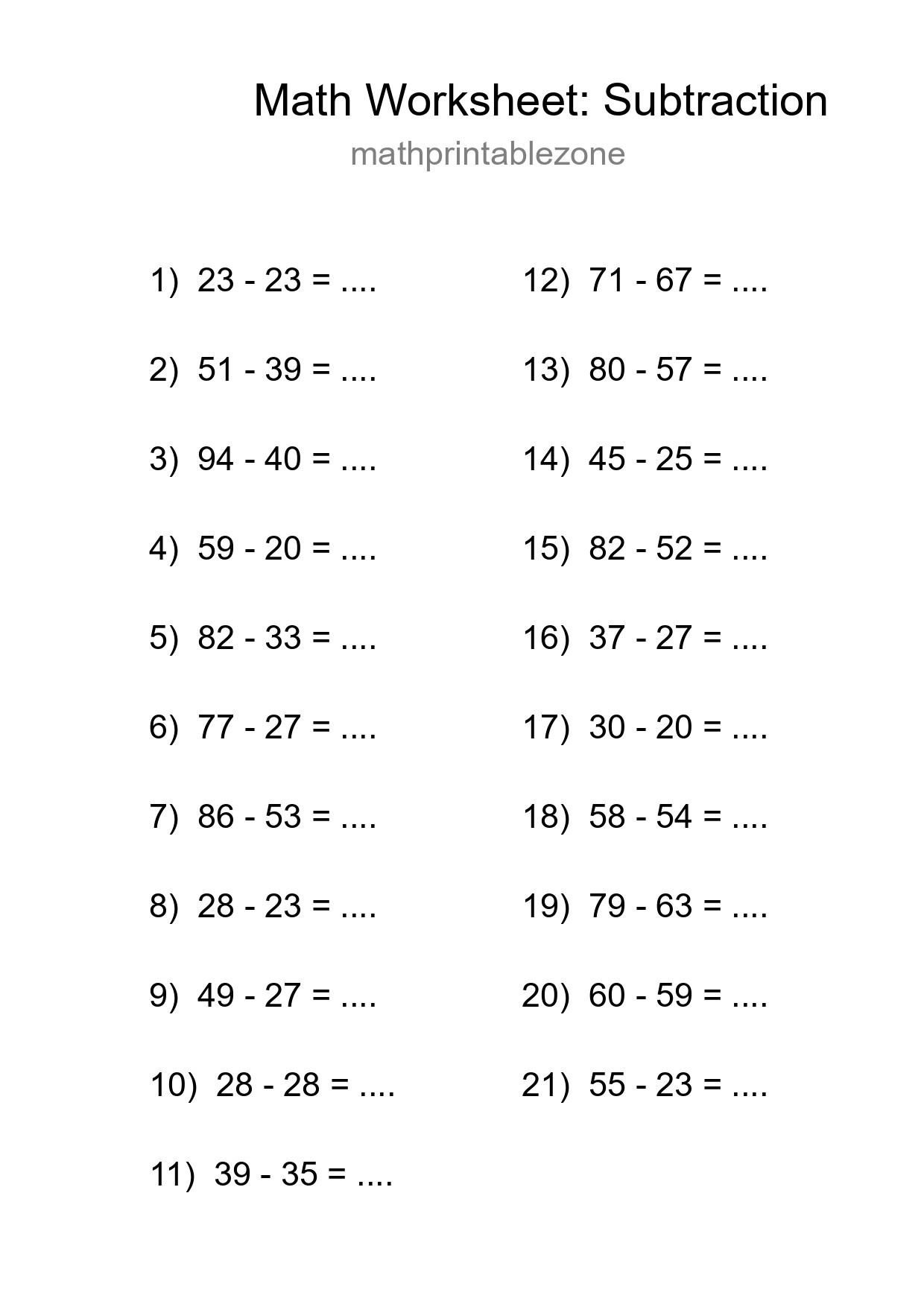 Grade 3 Subtraction Practice Worksheet (21 Problems) - Part 162