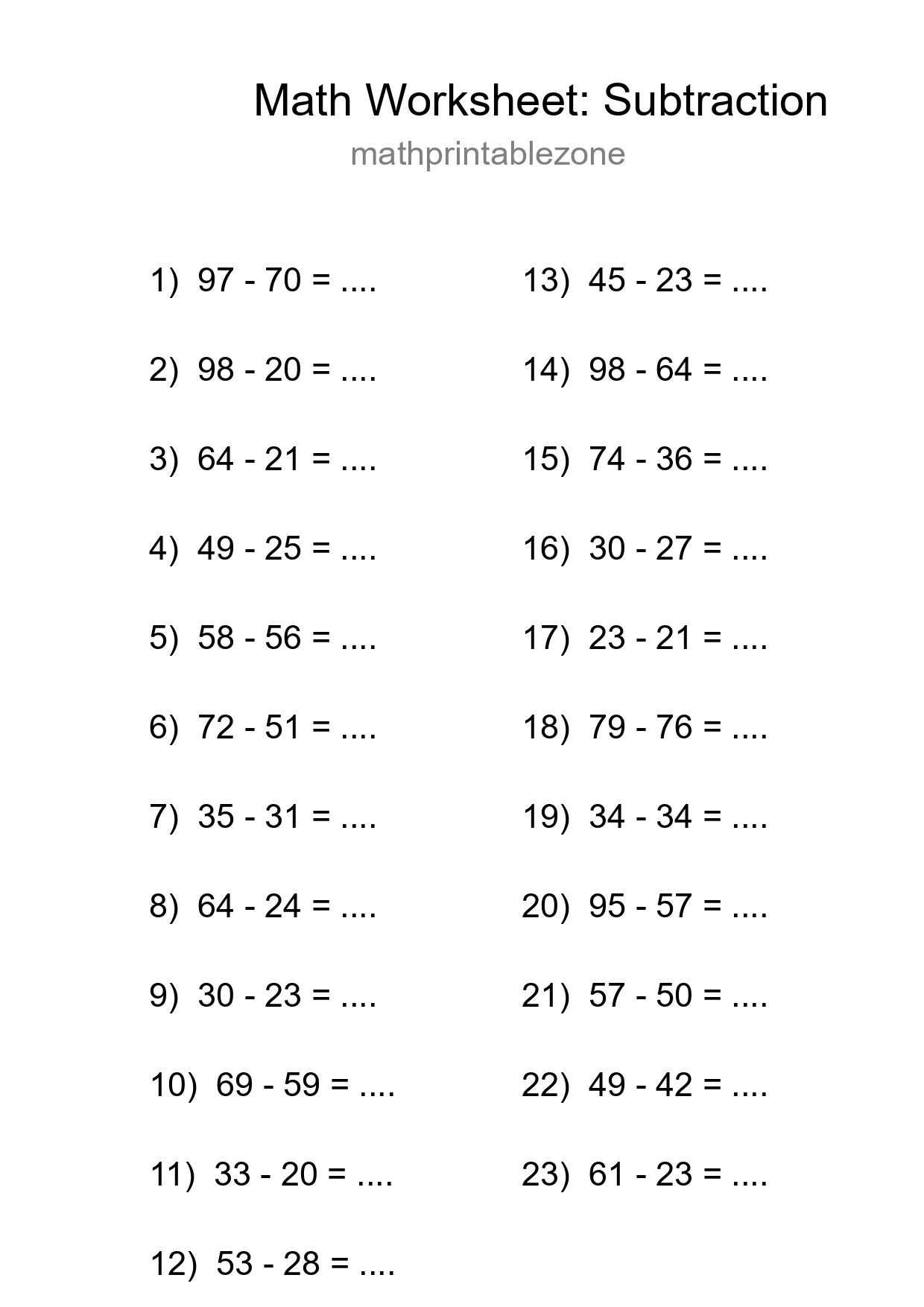 Grade 3 Subtraction Practice Worksheet (23 Problems) - Part 63