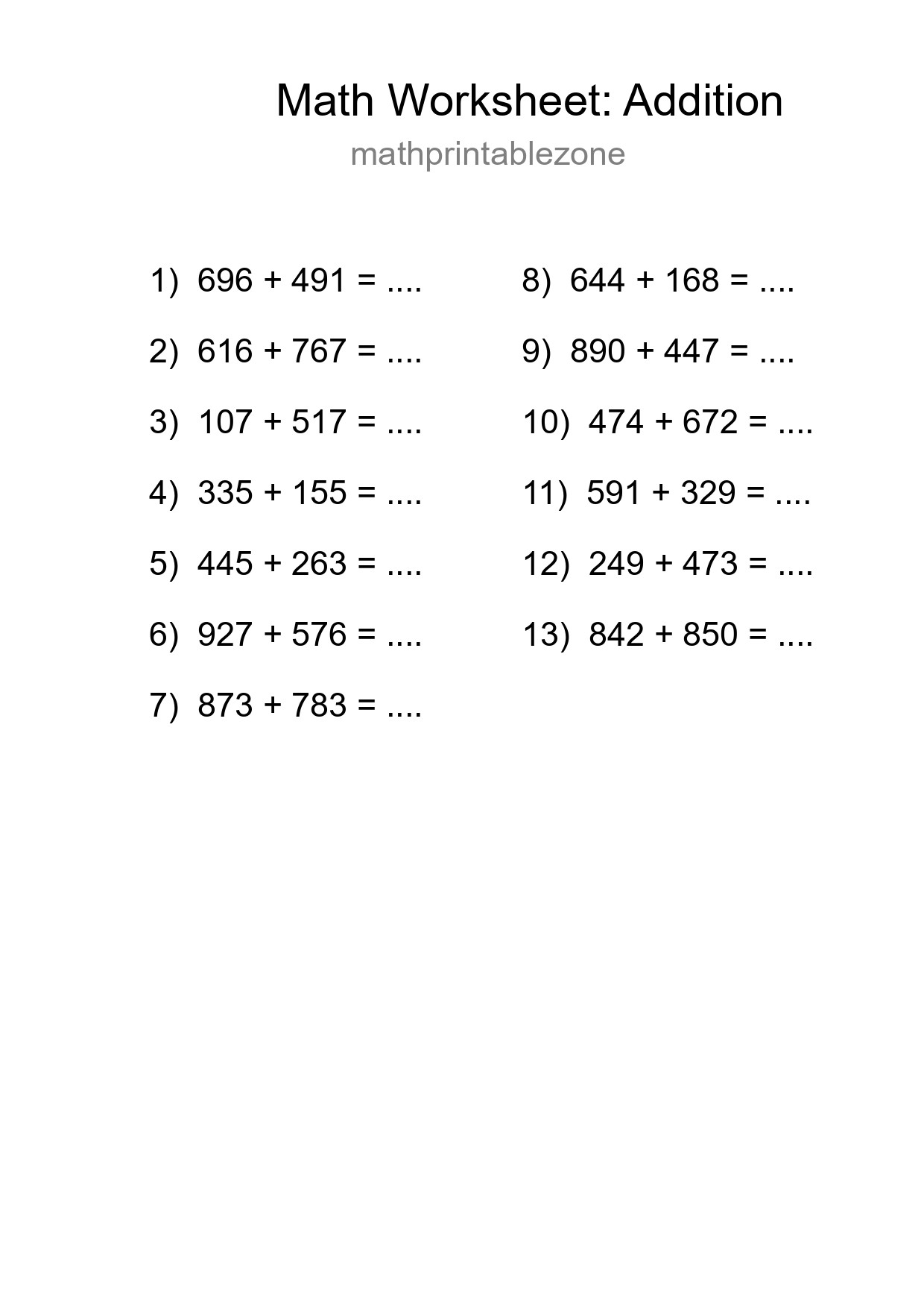 Grade 5 Addition Practice Worksheet (13 Problems) - Part 243