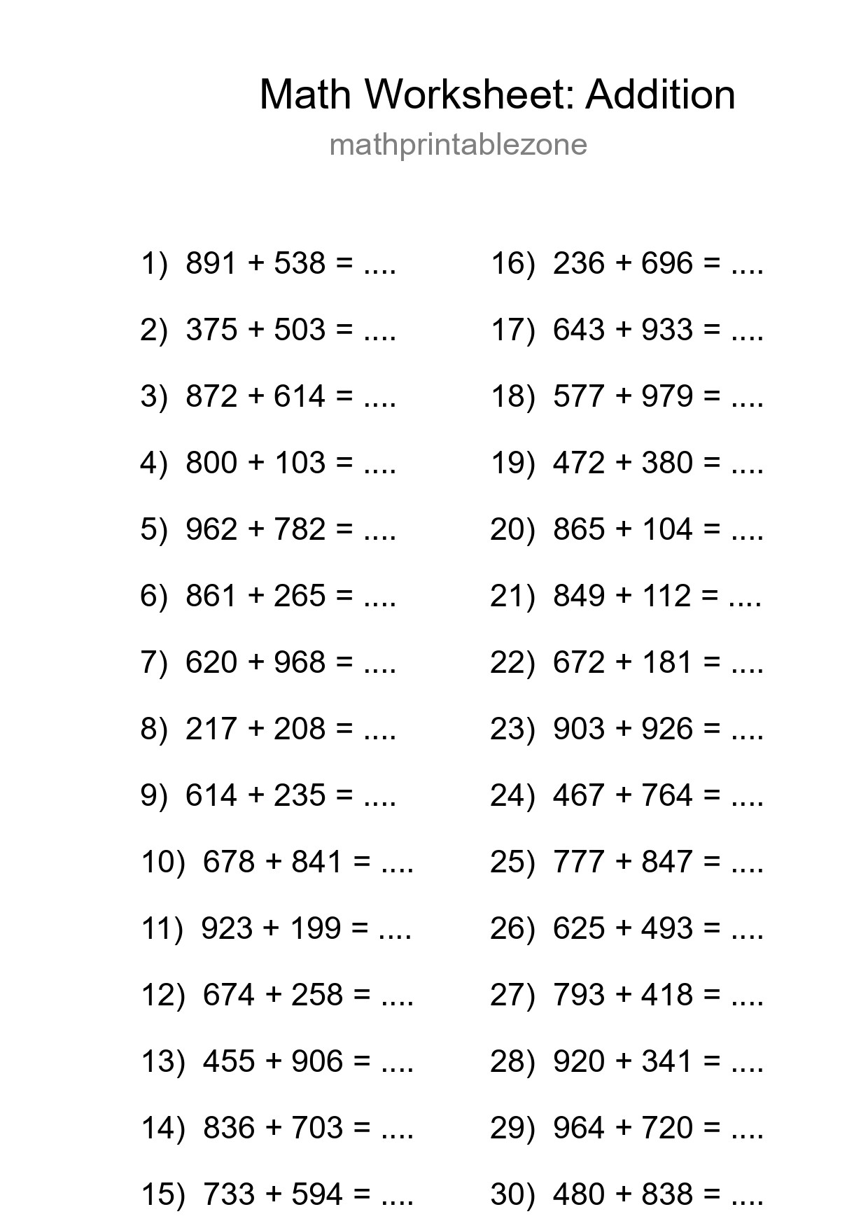 Grade 5 Addition Practice Worksheet (30 Problems) - Part 133