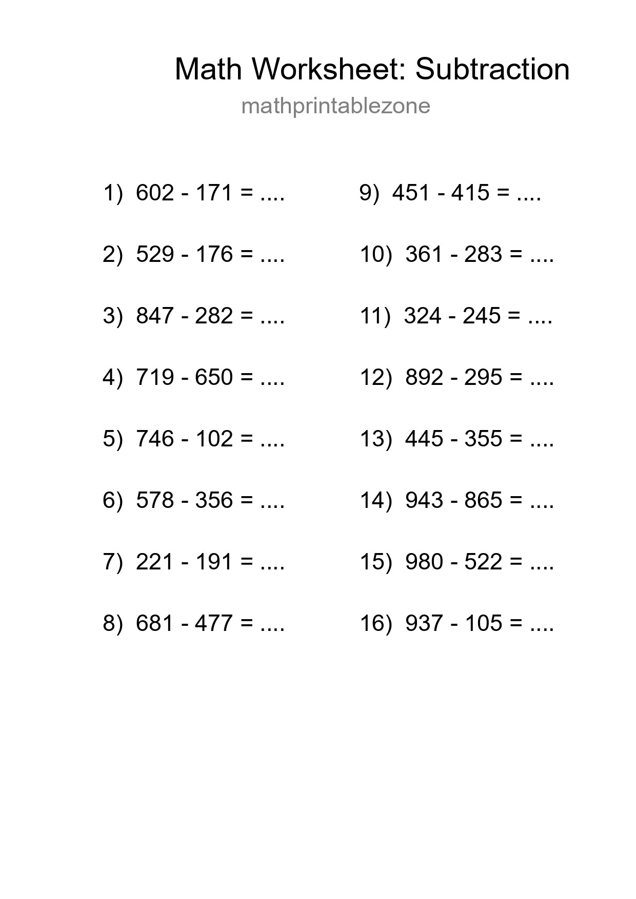 Grade 5 Subtraction Practice Worksheet (16 Problems) - Part 151