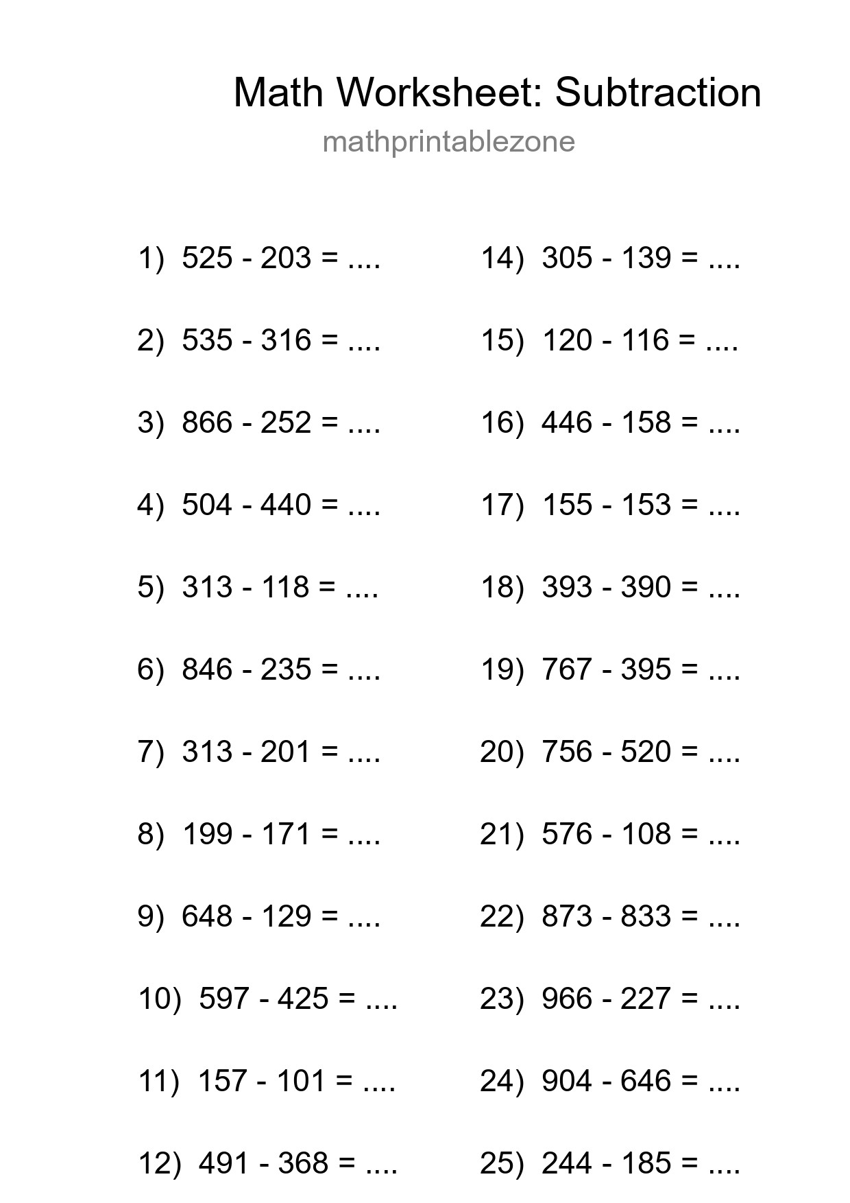 Grade 5 Subtraction Practice Worksheet (25 Problems) - Part 129