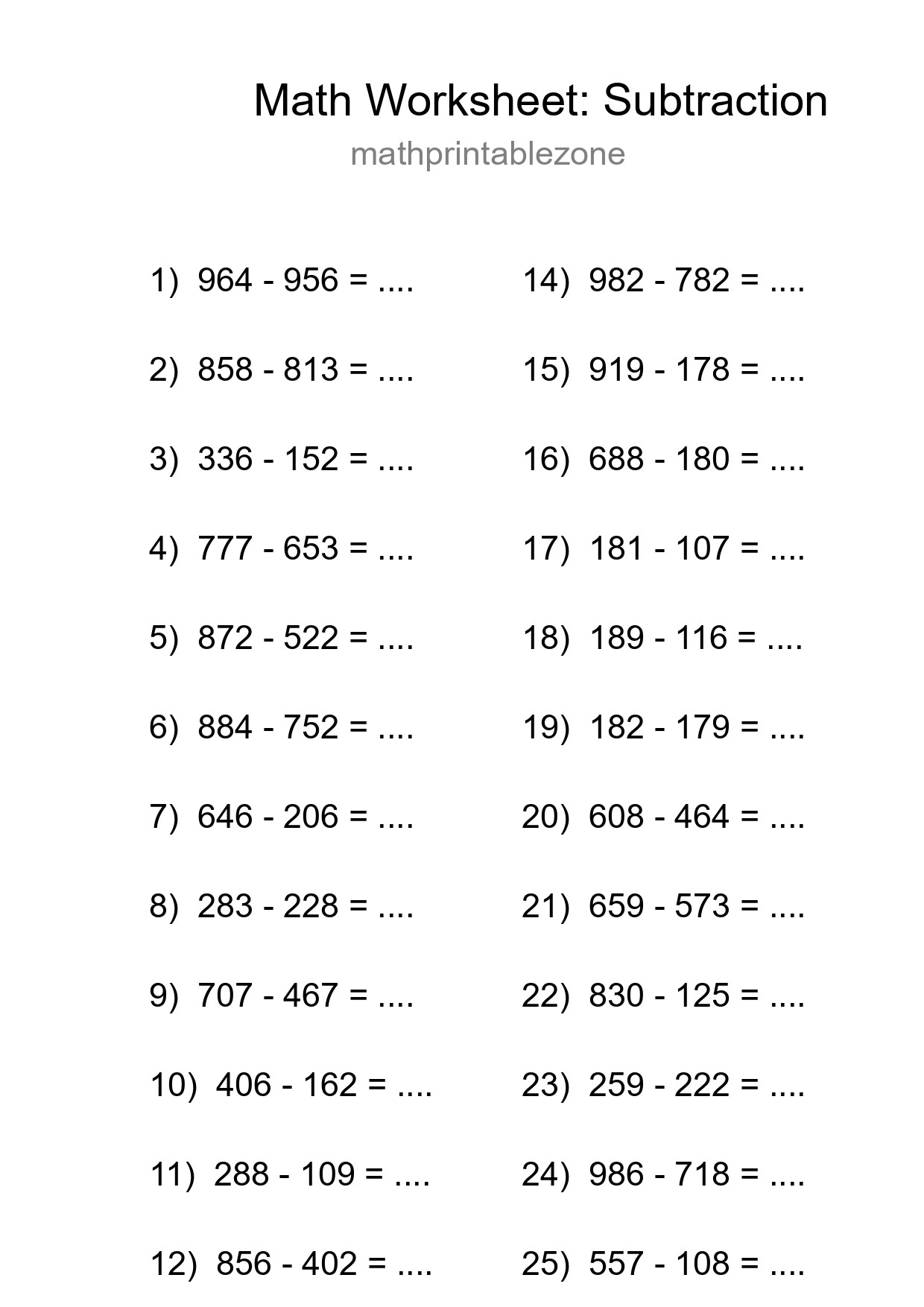 Grade 5 Subtraction Practice Worksheet (26 Problems) - Part 261
