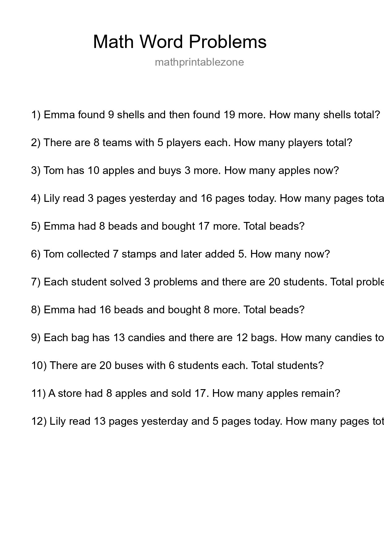 Math Word Problem Worksheet