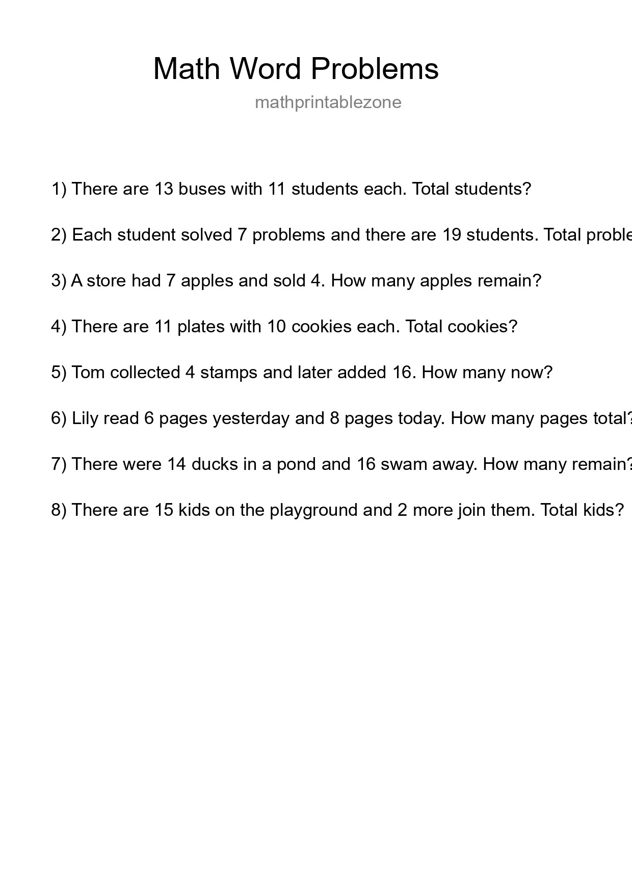 Math Word Problem Worksheet