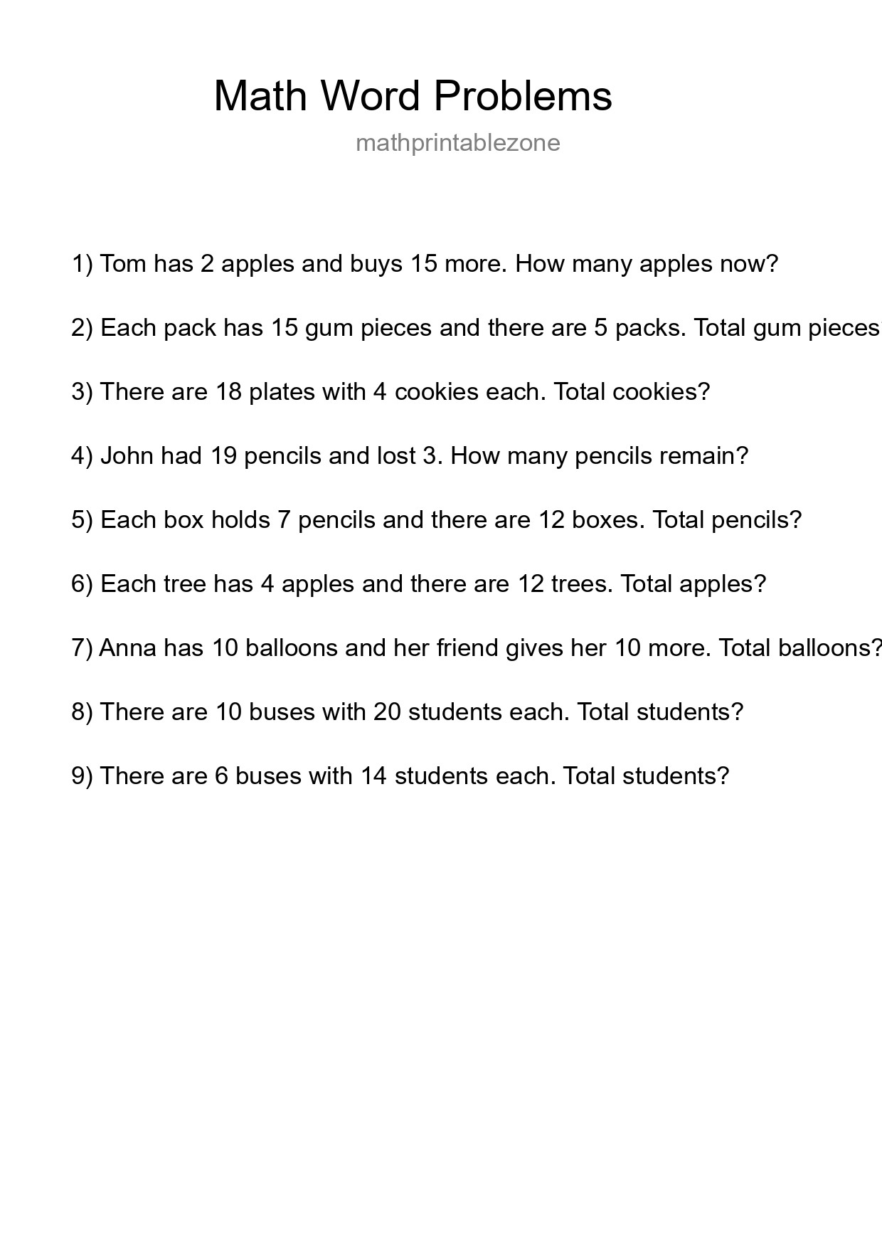 Math Word Problem Worksheet